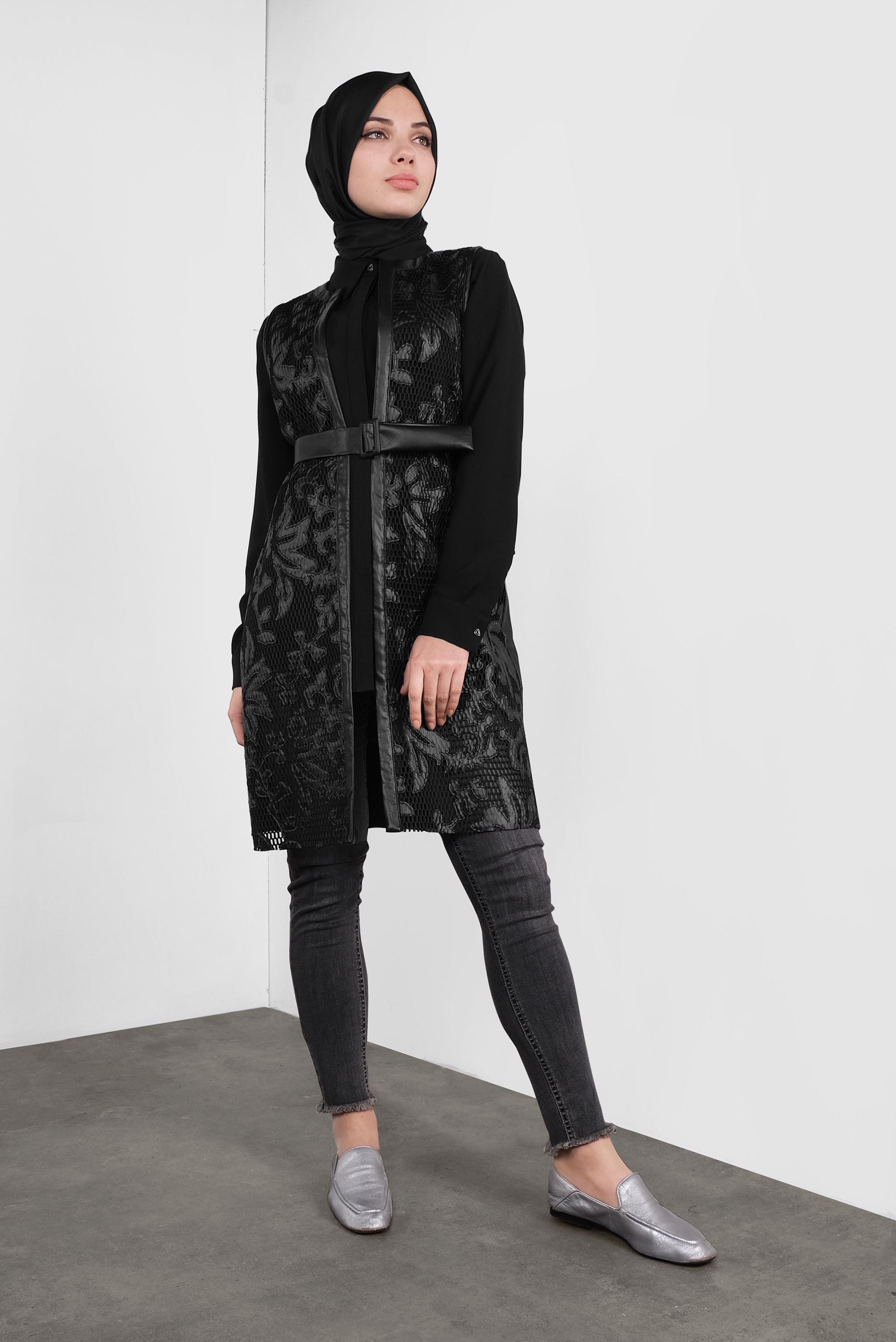 Vêtements hijab NOIR GILET EN DAIM AVEC CEINTURE 41214