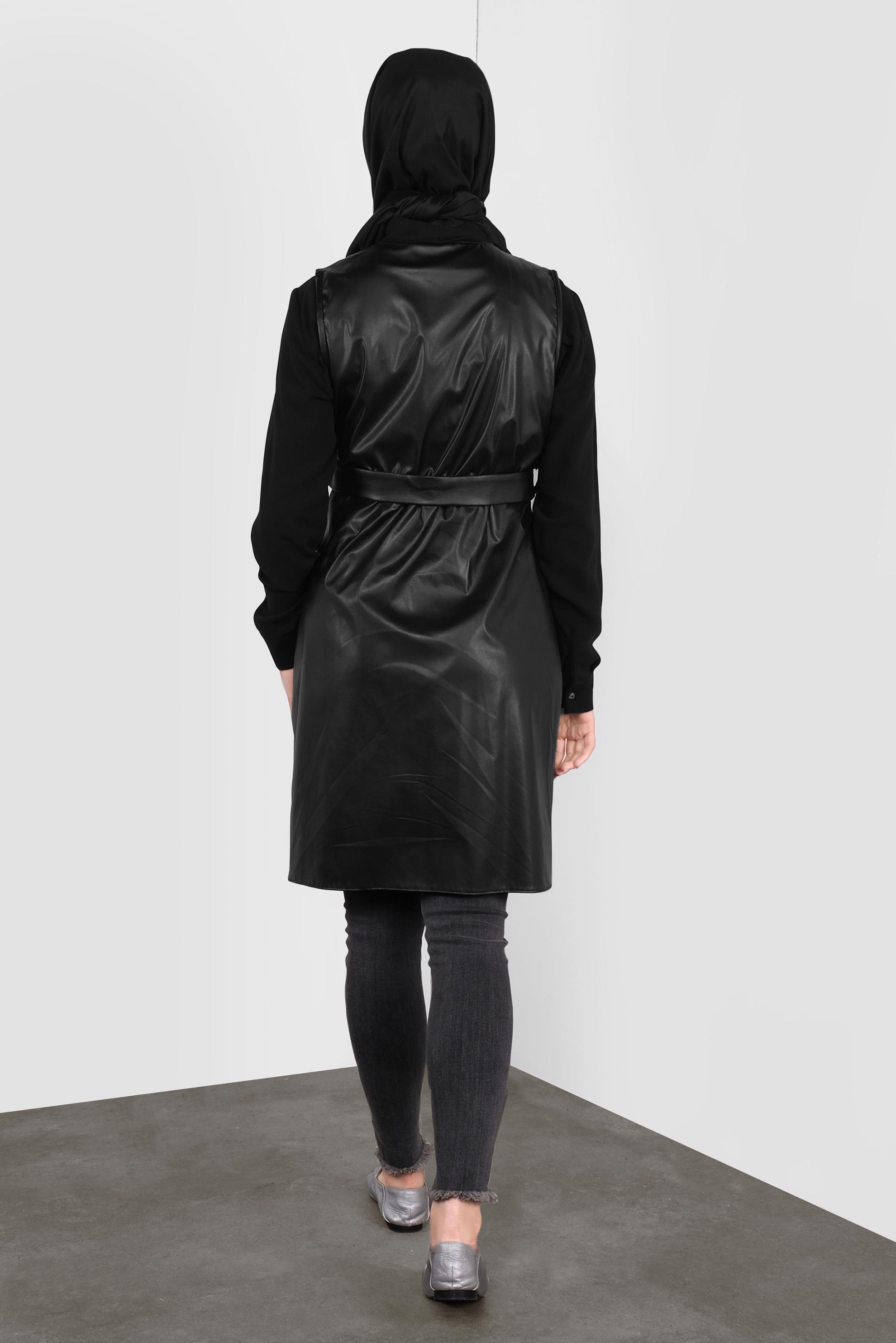 Vêtements hijab NOIR GILET EN DAIM AVEC CEINTURE 41214