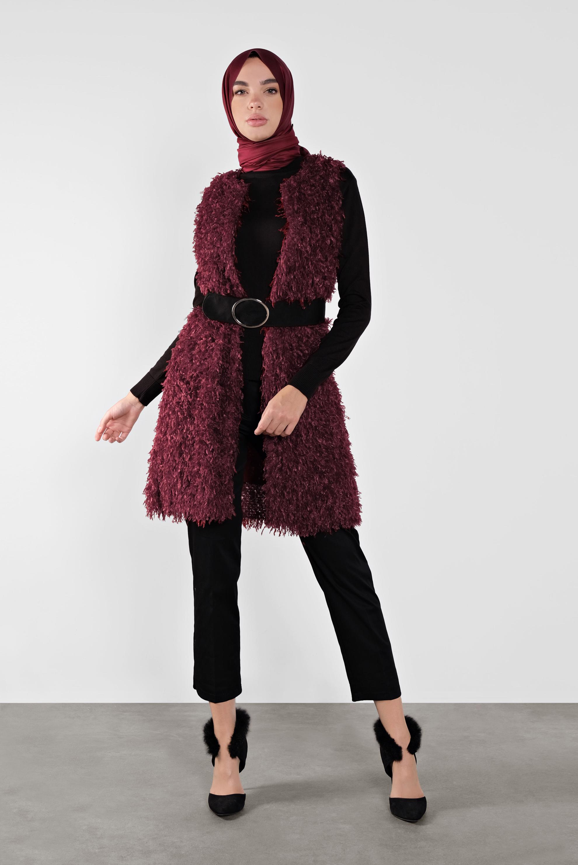 Tesettür giyim BORDO SAÇAKLI  YELEK 41219 