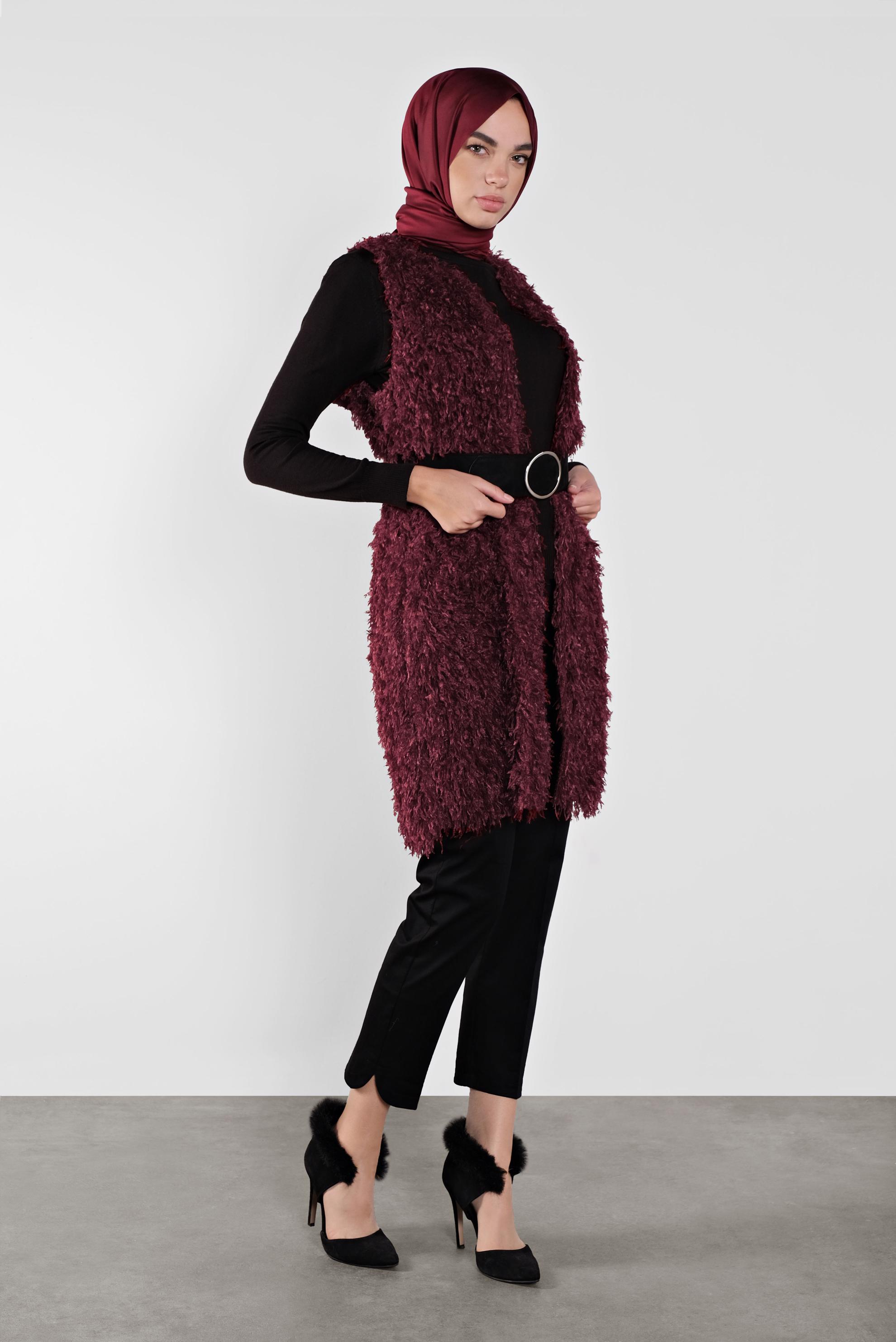 Tesettür giyim BORDO SAÇAKLI  YELEK 41219 