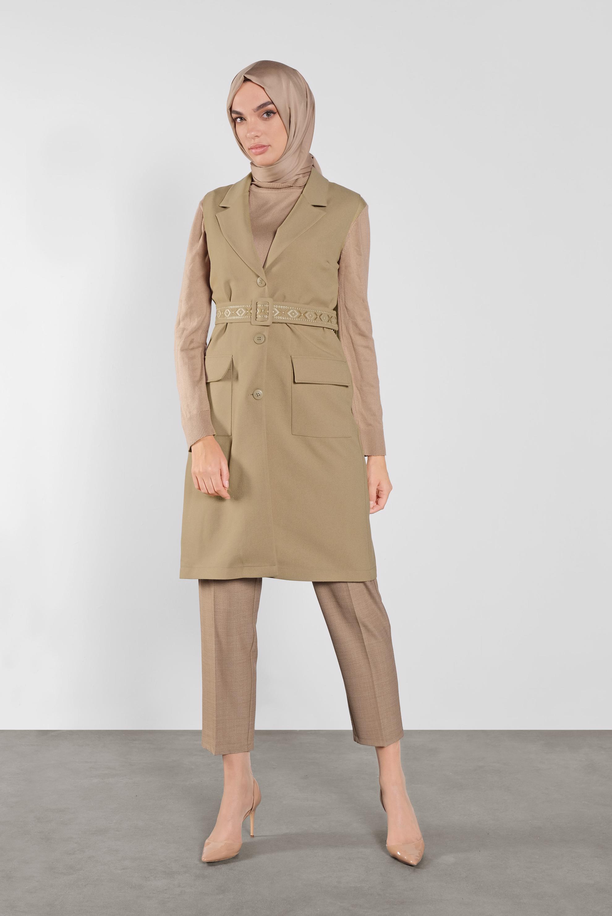 Tesettür giyim BEJ KEMERLİ YELEK 41220	