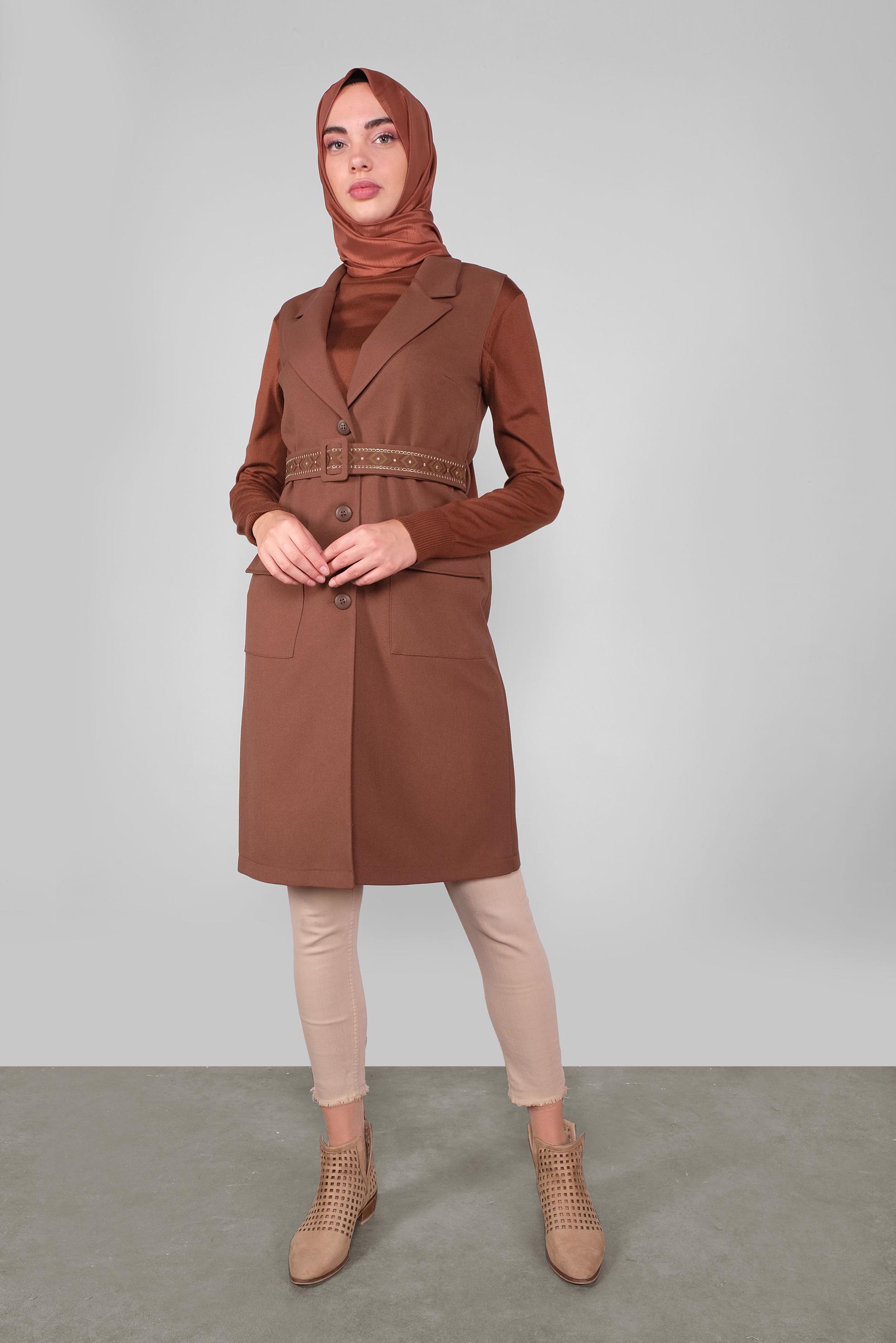 Tesettür giyim TABA KEMERLİ YELEK 41220	