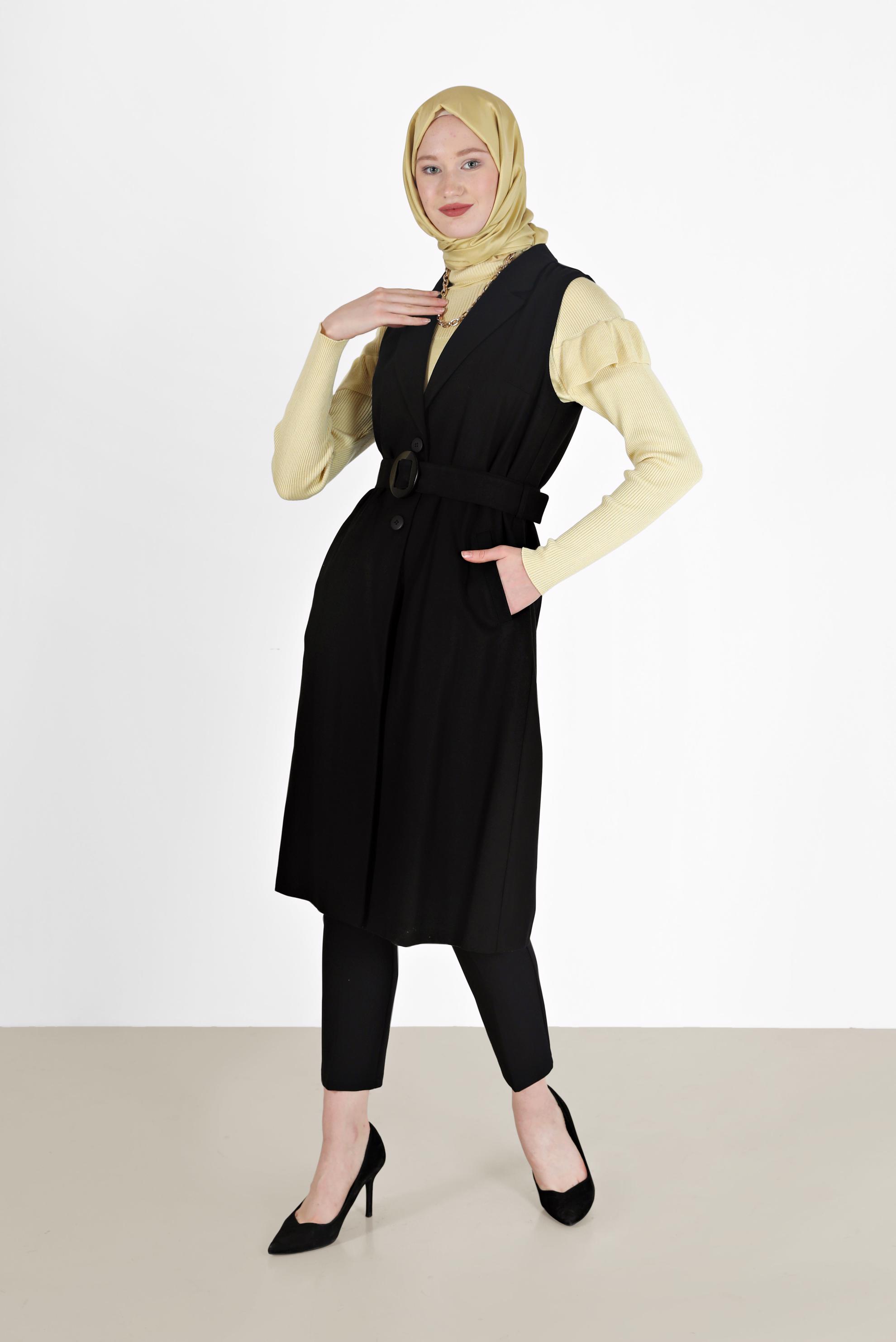 Tesettür giyim SİYAH KRUVAZE YAKA YELEK 41244	