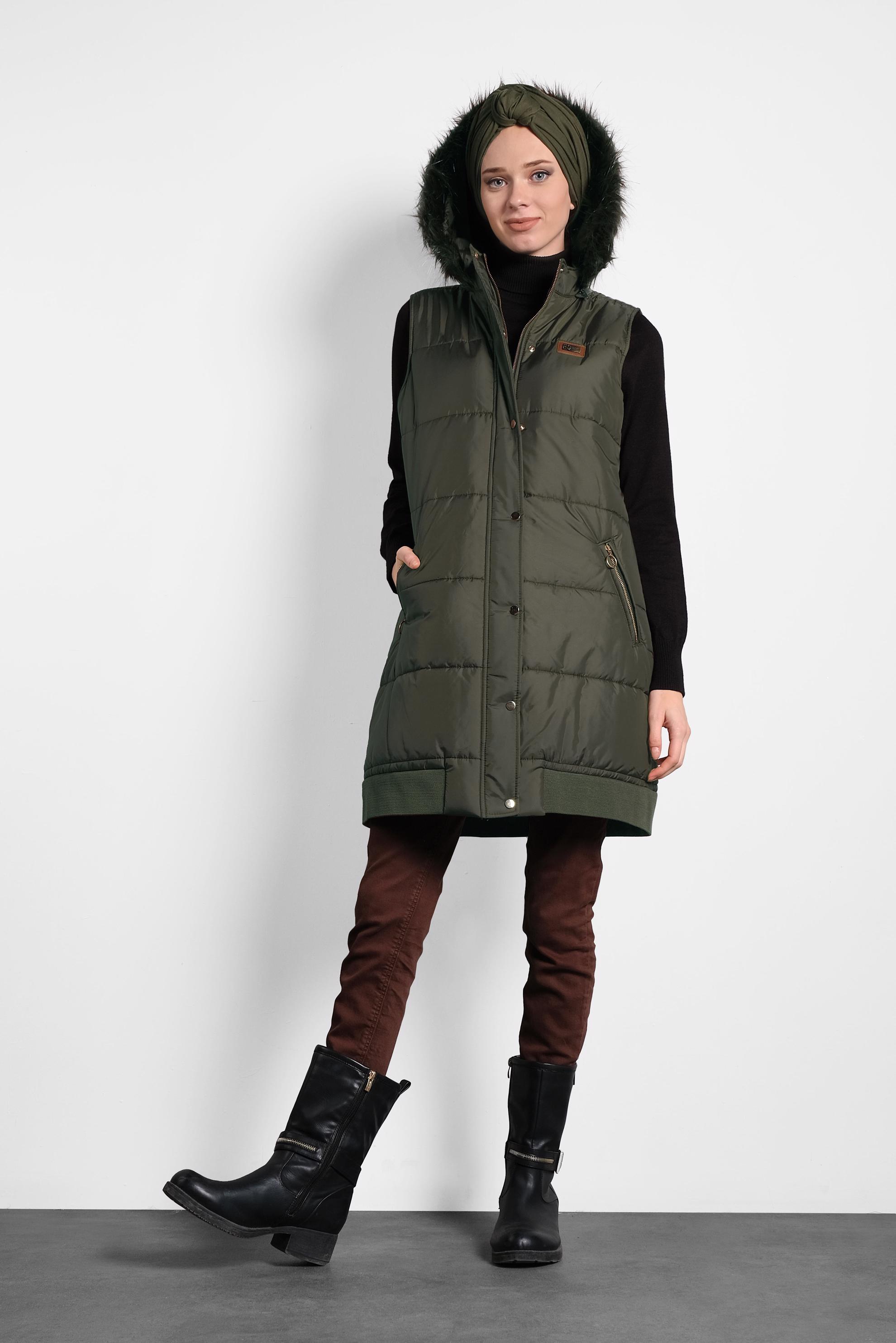 Tesettür giyim HAKİ  KAPÜŞONLU ŞİŞME YELEK 90052