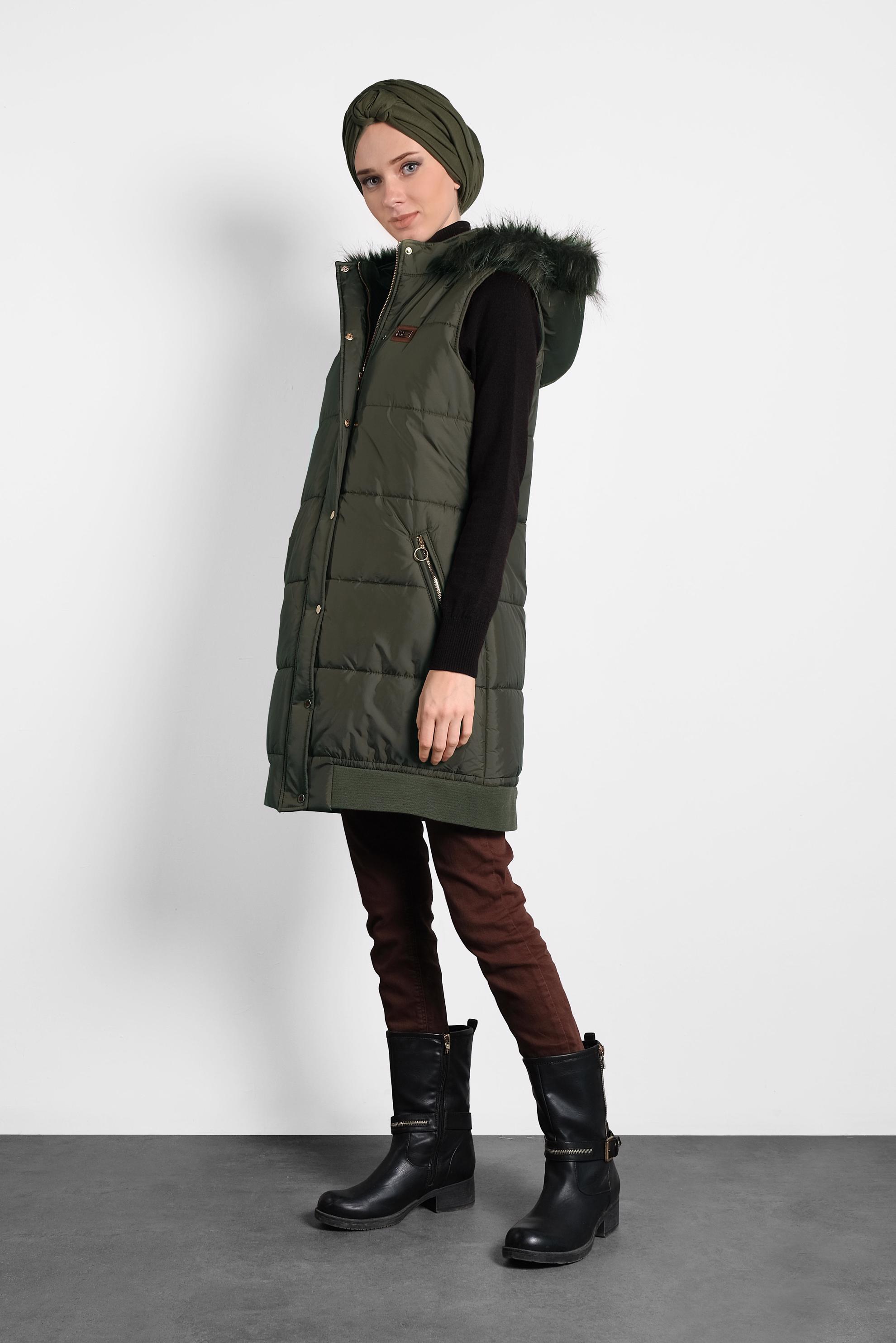 Tesettür giyim HAKİ  KAPÜŞONLU ŞİŞME YELEK 90052