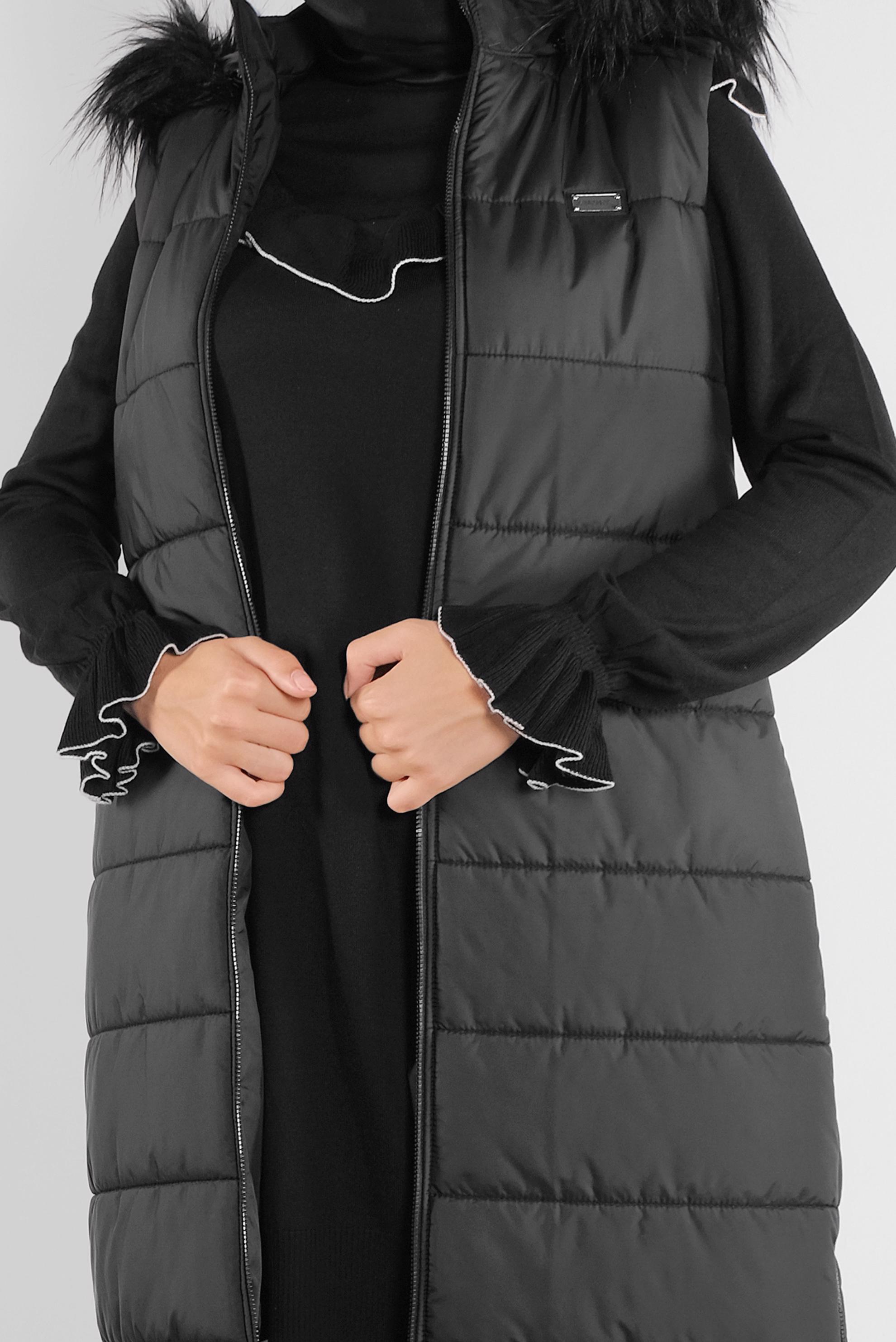 Tesettür giyim SİYAH KAPÜŞONU KÜRKLÜ ŞİŞME YELEK 90120