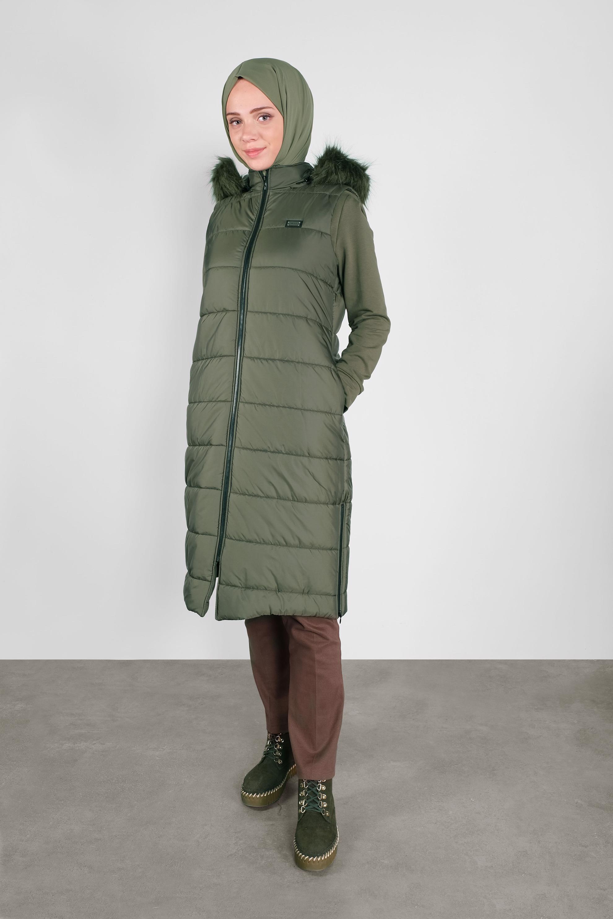 Hijab clothing KHAKI FAUX-FUR TRIM HOODED GILET 90120