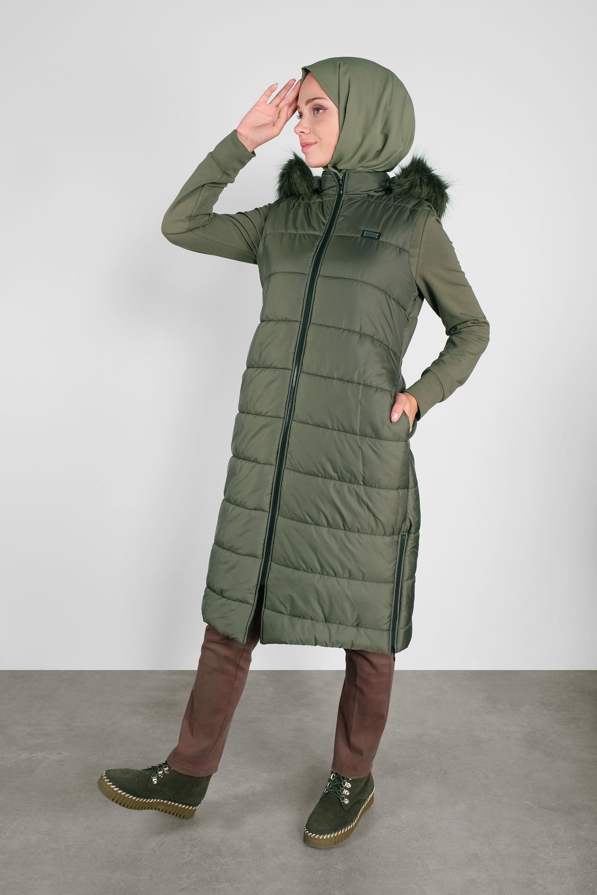 Hijab clothing KHAKI FAUX-FUR TRIM HOODED GILET 90120