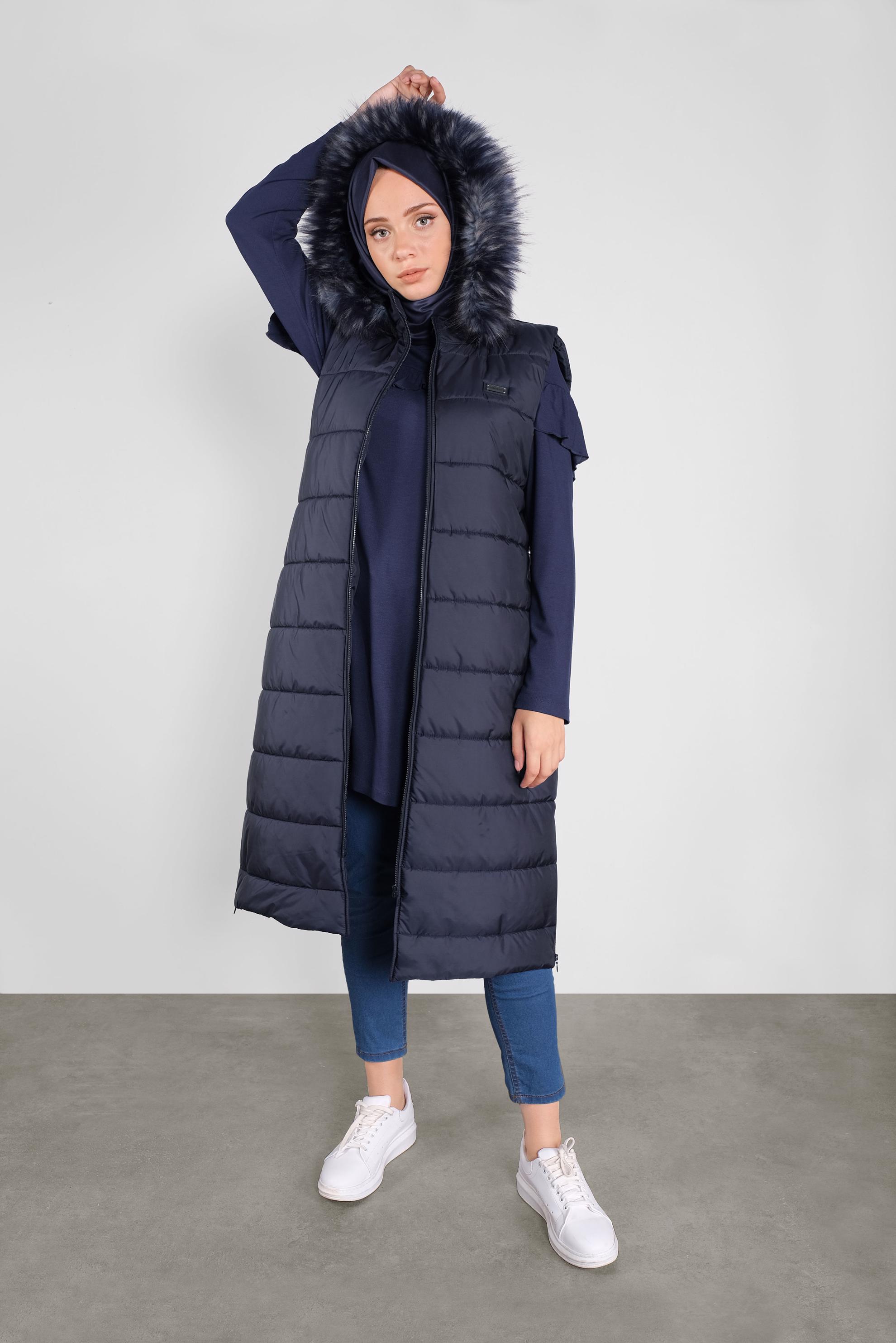 Vêtements hijab BLEU MARINE DOUDOUNE À CAPUCHE EN EFFET FOURRURE 90120