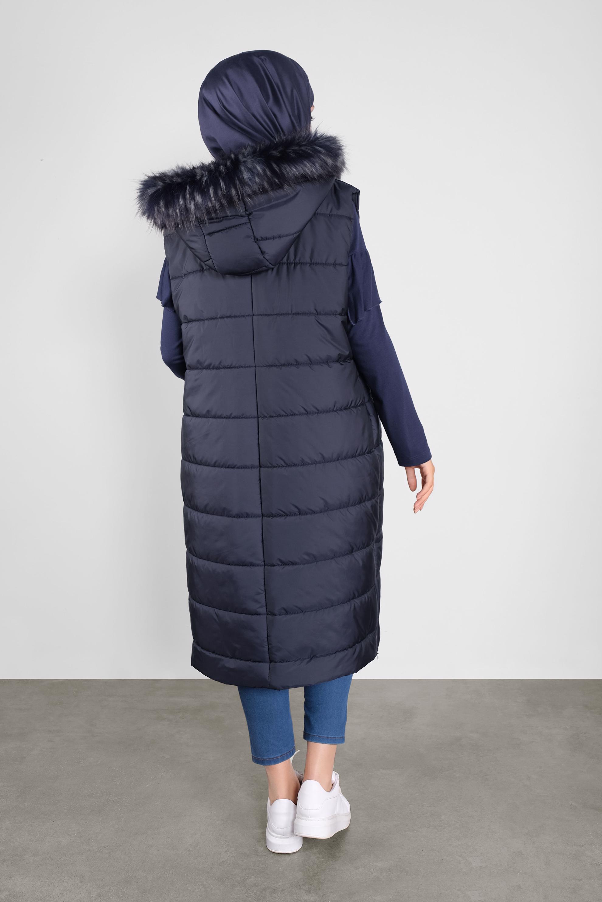 Vêtements hijab BLEU MARINE DOUDOUNE À CAPUCHE EN EFFET FOURRURE 90120