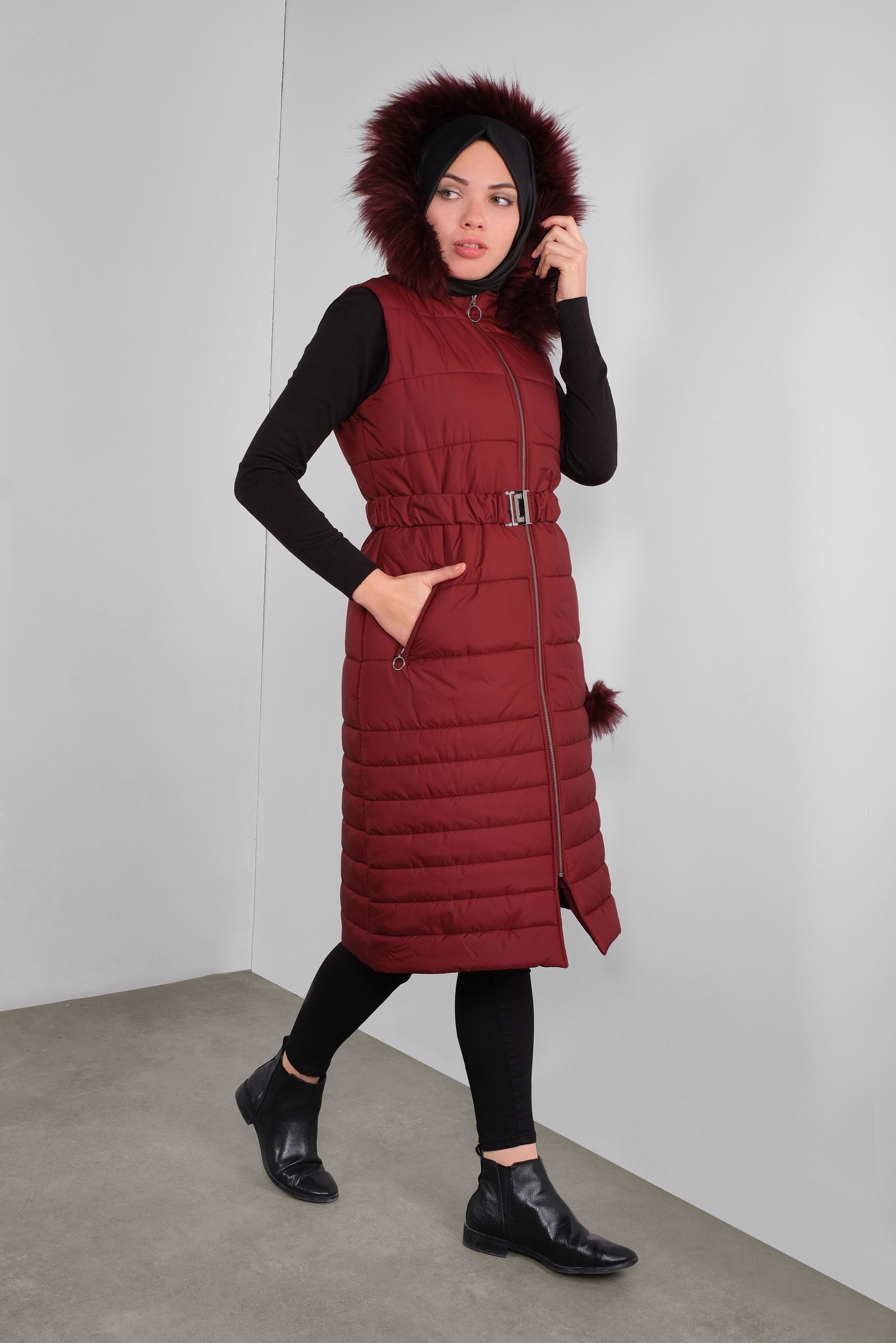 Vêtements hijab ROUGE BORDEAUX DOUDOUNE À CAPUCHE AVEC CEINTURE 90121