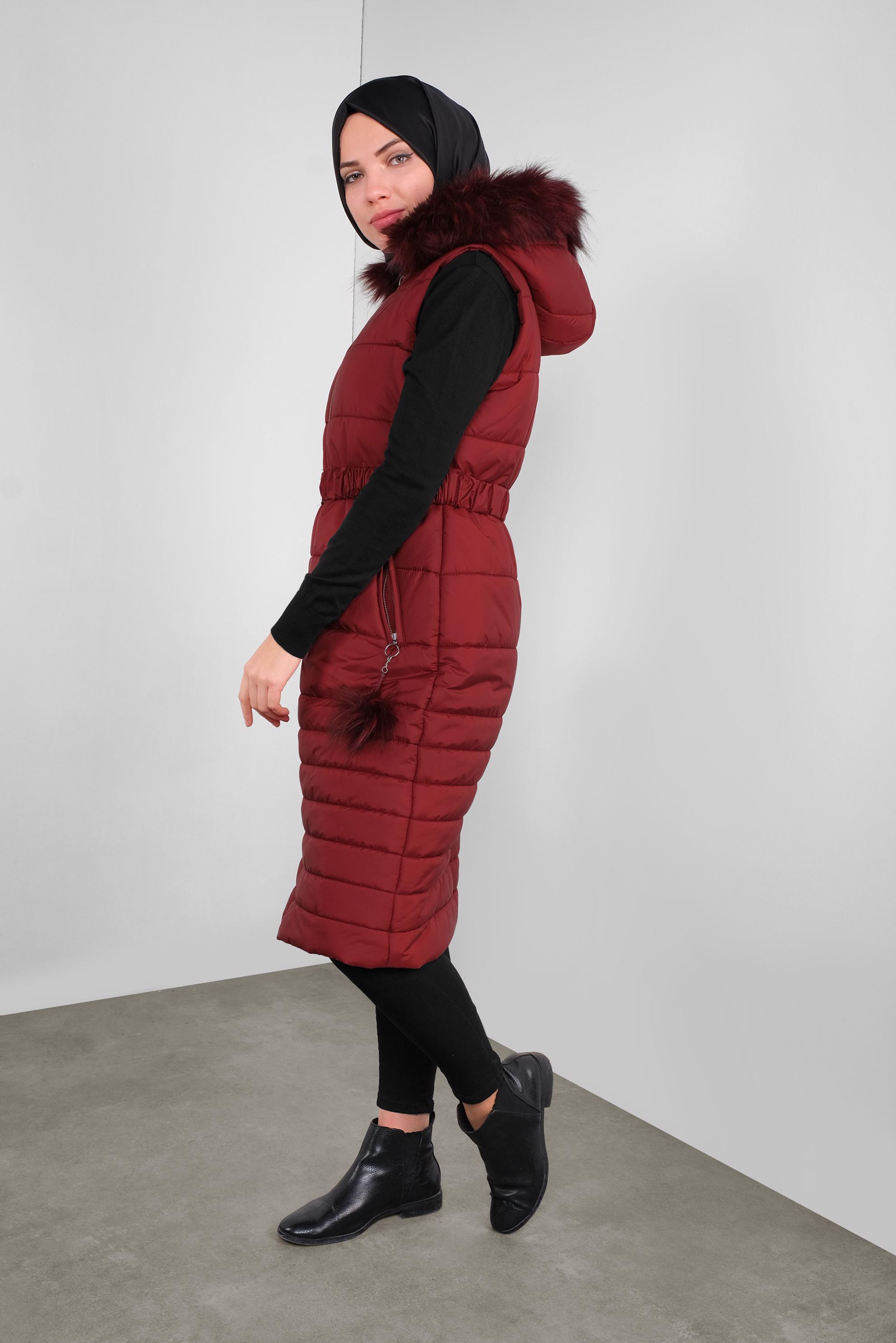 Vêtements hijab ROUGE BORDEAUX DOUDOUNE À CAPUCHE AVEC CEINTURE 90121