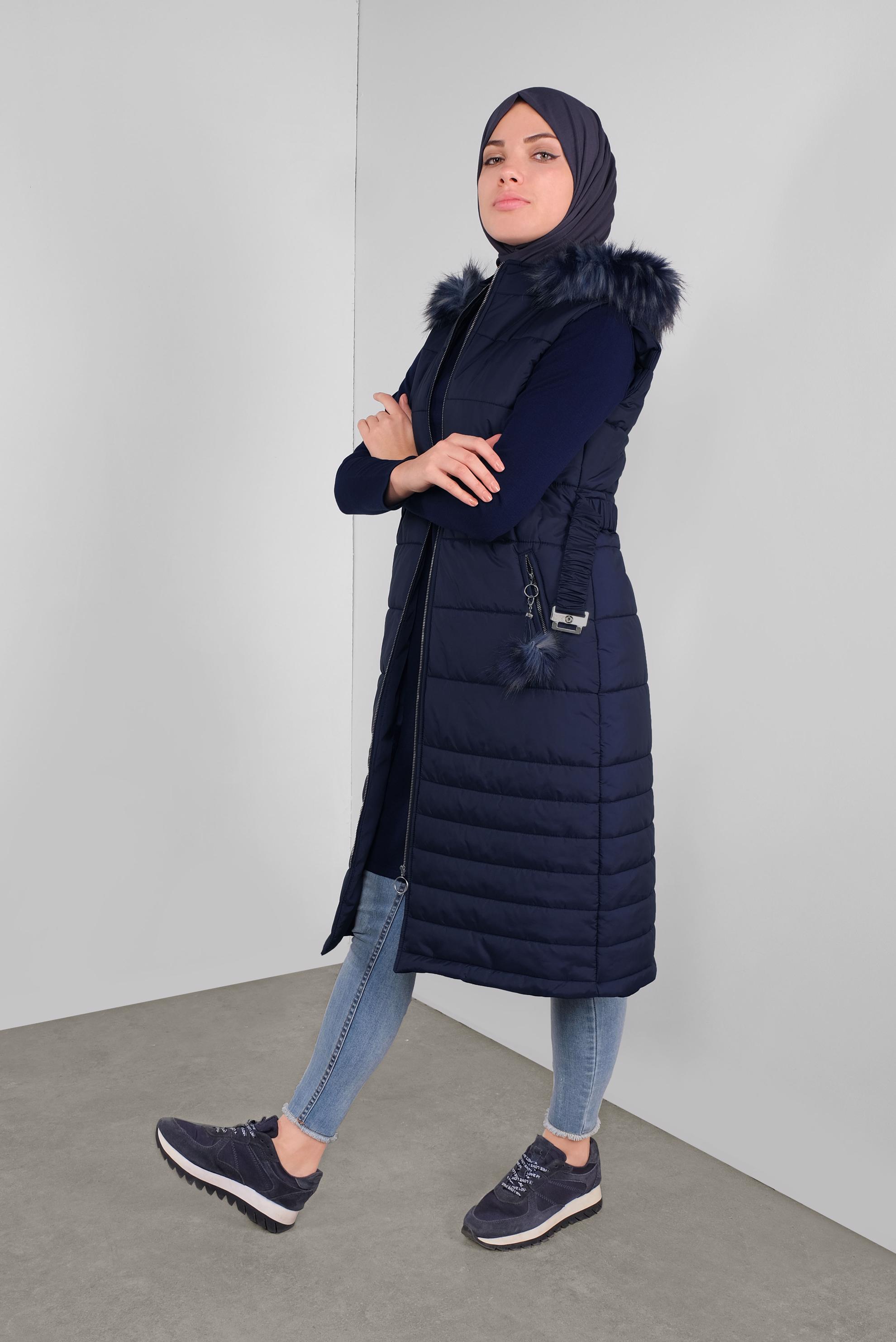 Tesettür giyim LACİVERT KEMERLİ  KAPÜŞONLU ŞİŞME YELEK 90121 