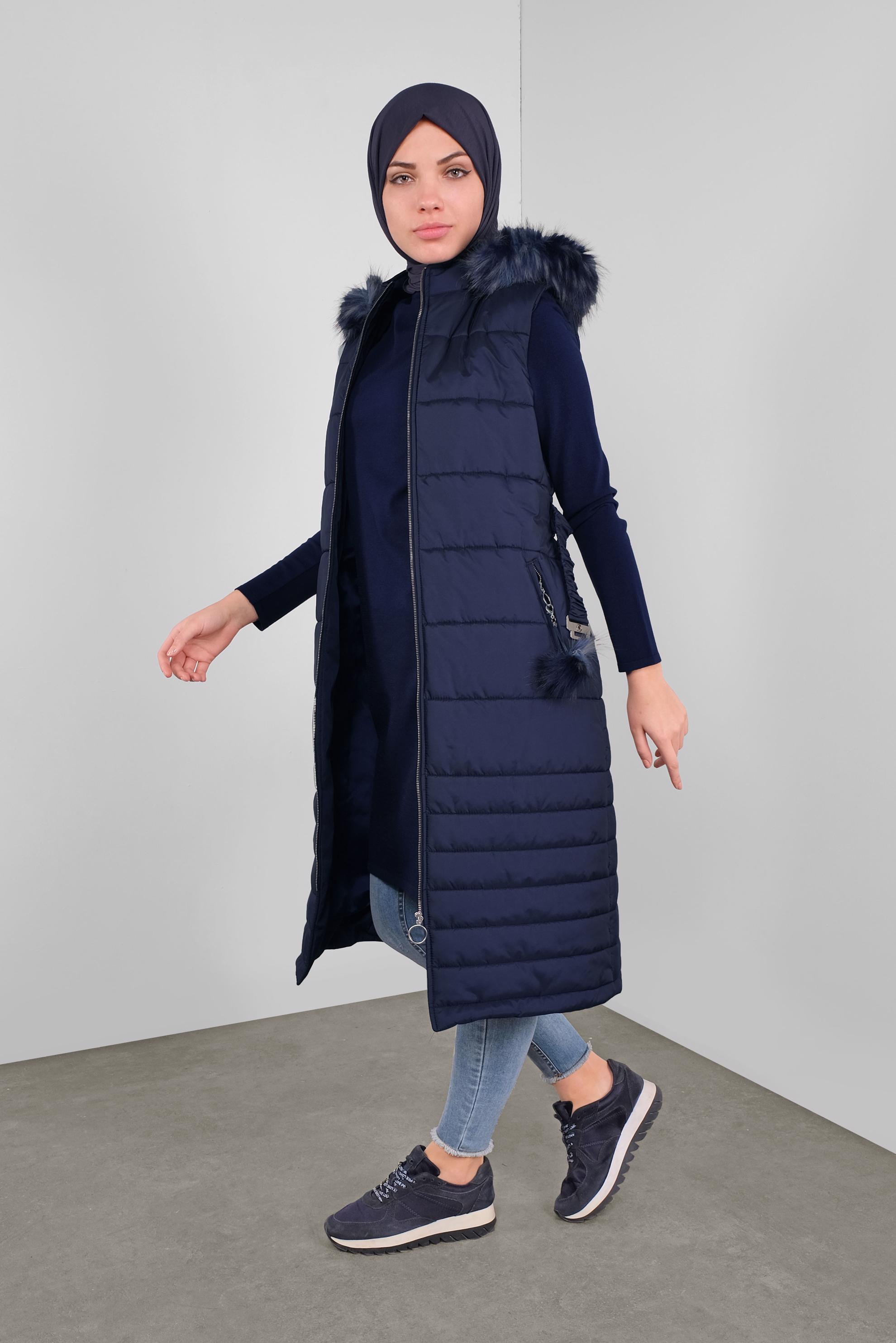 Tesettür giyim LACİVERT KEMERLİ  KAPÜŞONLU ŞİŞME YELEK 90121 