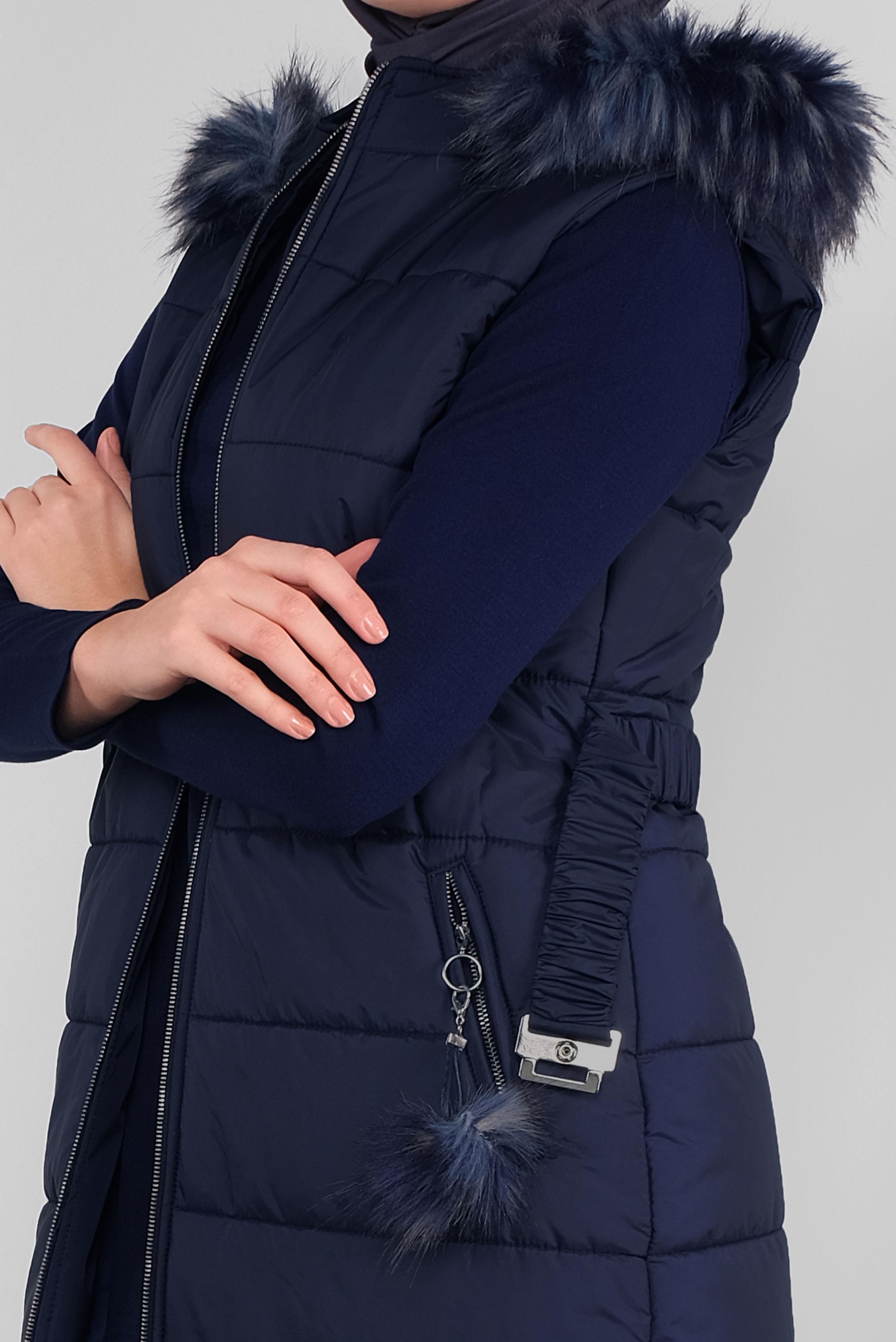 Tesettür giyim LACİVERT KEMERLİ  KAPÜŞONLU ŞİŞME YELEK 90121 