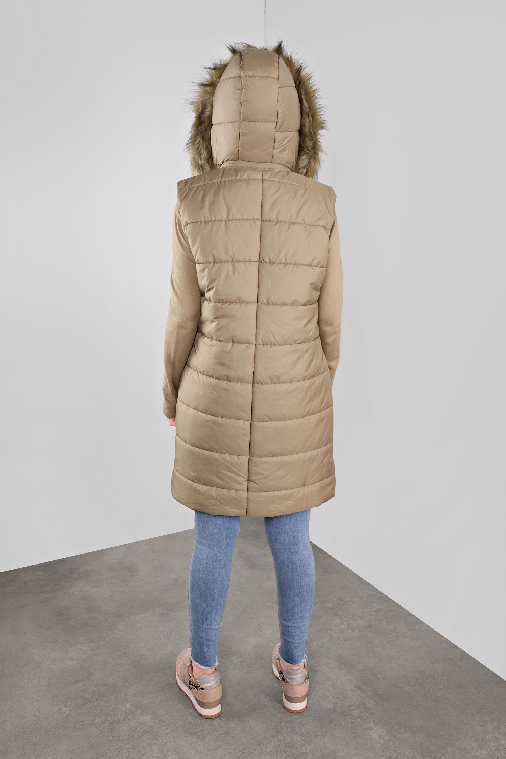 Tesettür giyim KAHVE KAPÜŞONU KÜRKLÜ ŞİŞME YELEK 90146  