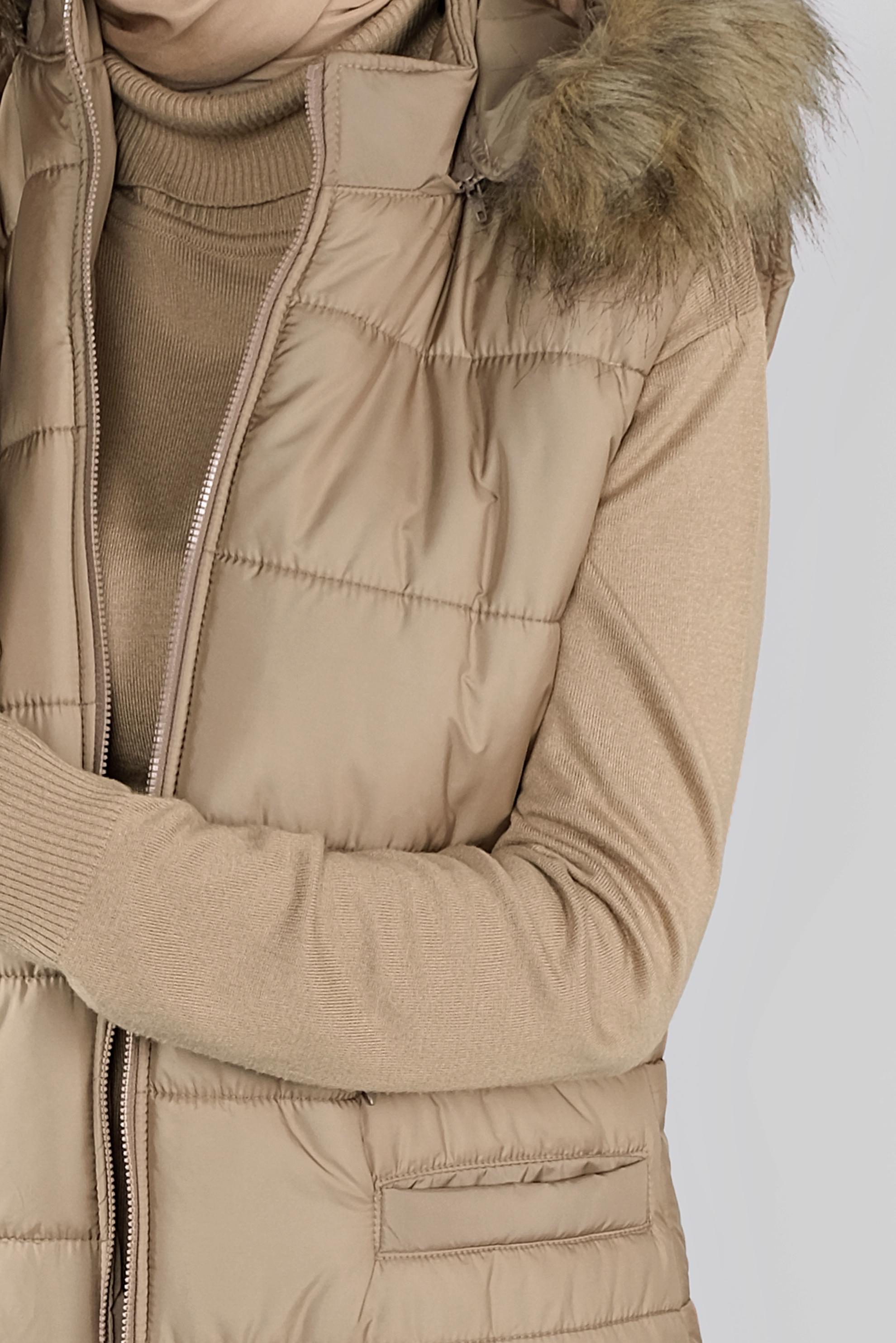 Tesettür giyim KAHVE KAPÜŞONU KÜRKLÜ ŞİŞME YELEK 90146  