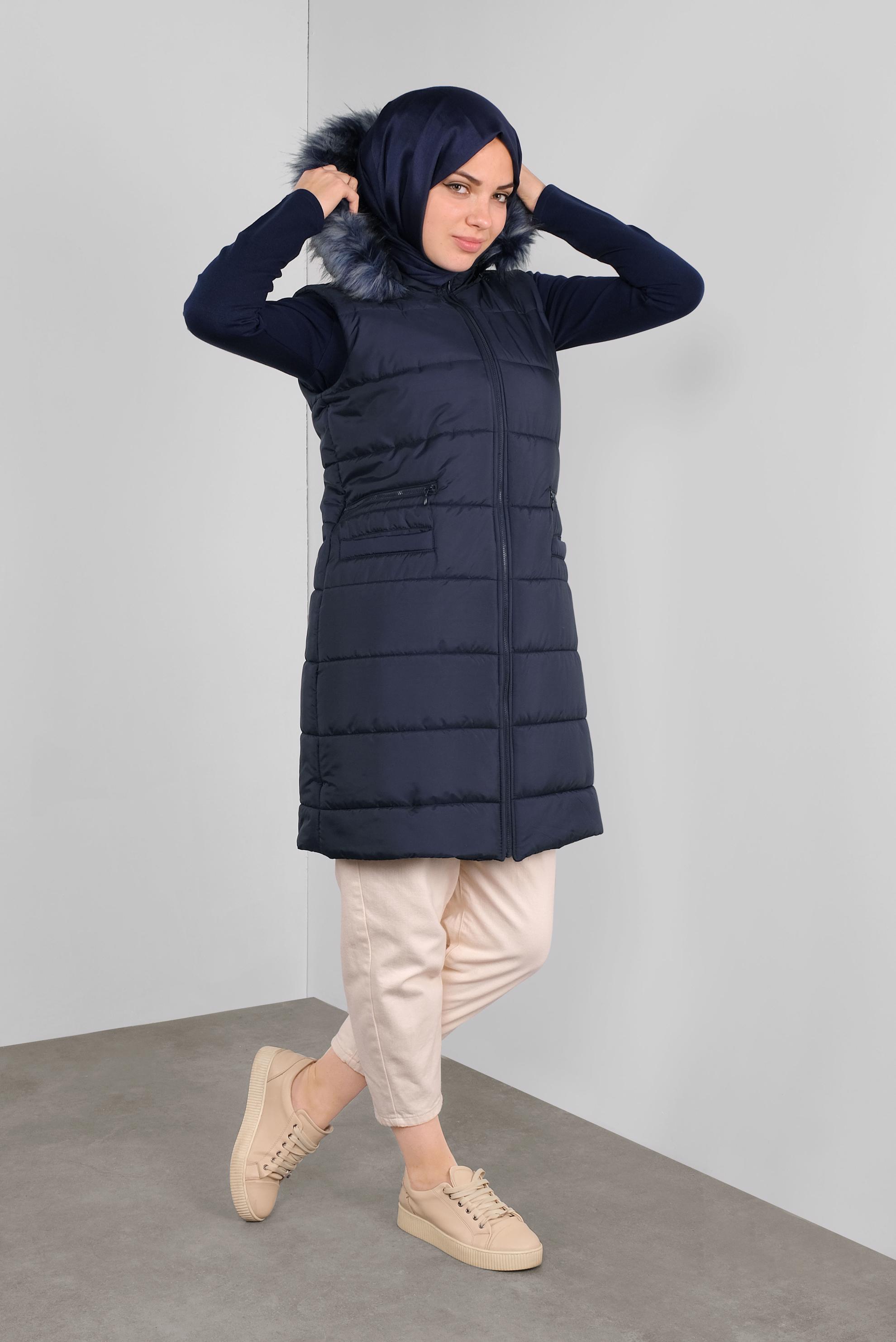 Vêtements hijab BLEU MARINE DOUDOUNE À CAPUCHE EN EFFET FOURRURE 90146