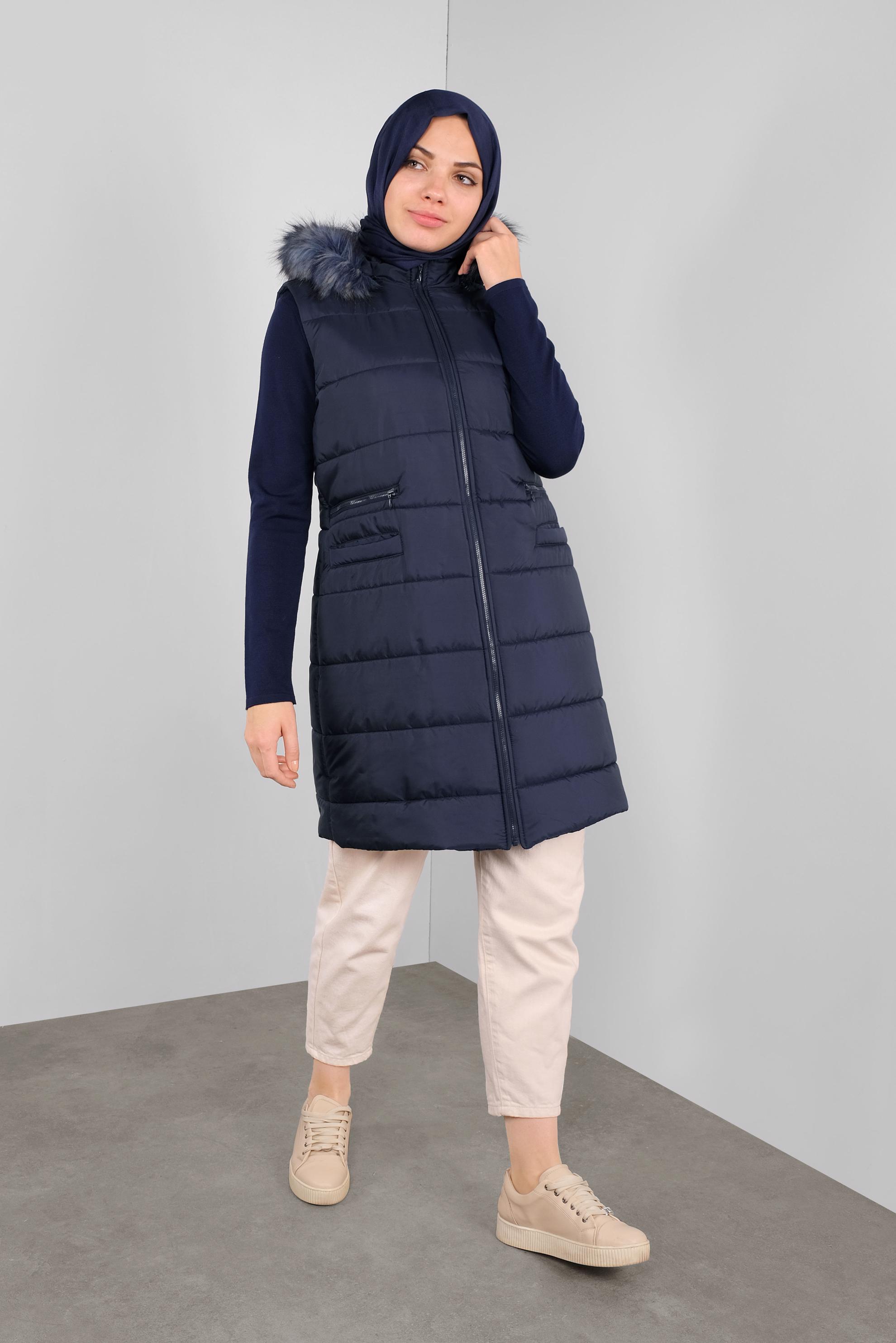 Vêtements hijab BLEU MARINE DOUDOUNE À CAPUCHE EN EFFET FOURRURE 90146