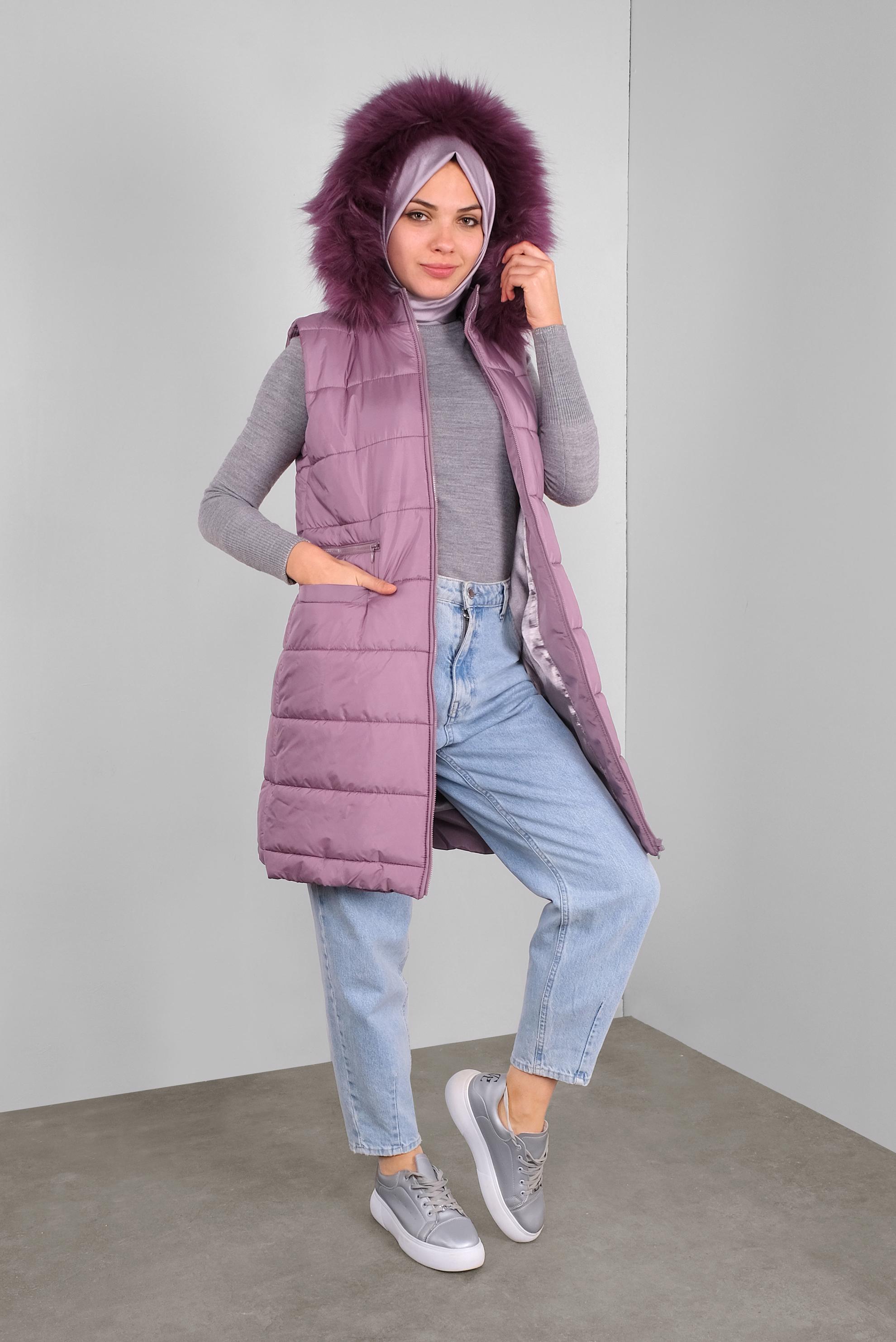 Hijab clothing PINK FAUX-FUR-TRIM HOODED GILET 90146