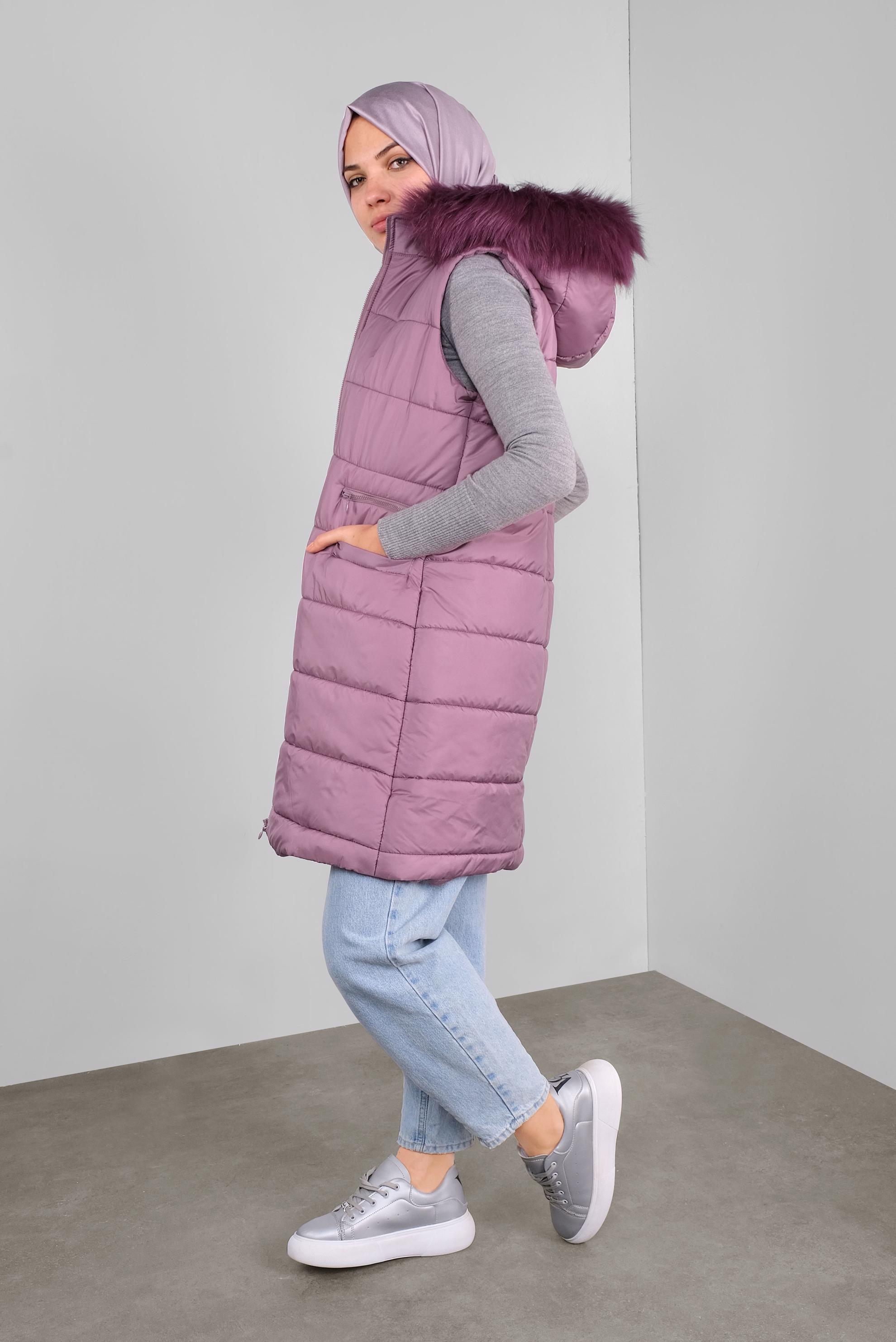 Hijab clothing PINK FAUX-FUR-TRIM HOODED GILET 90146
