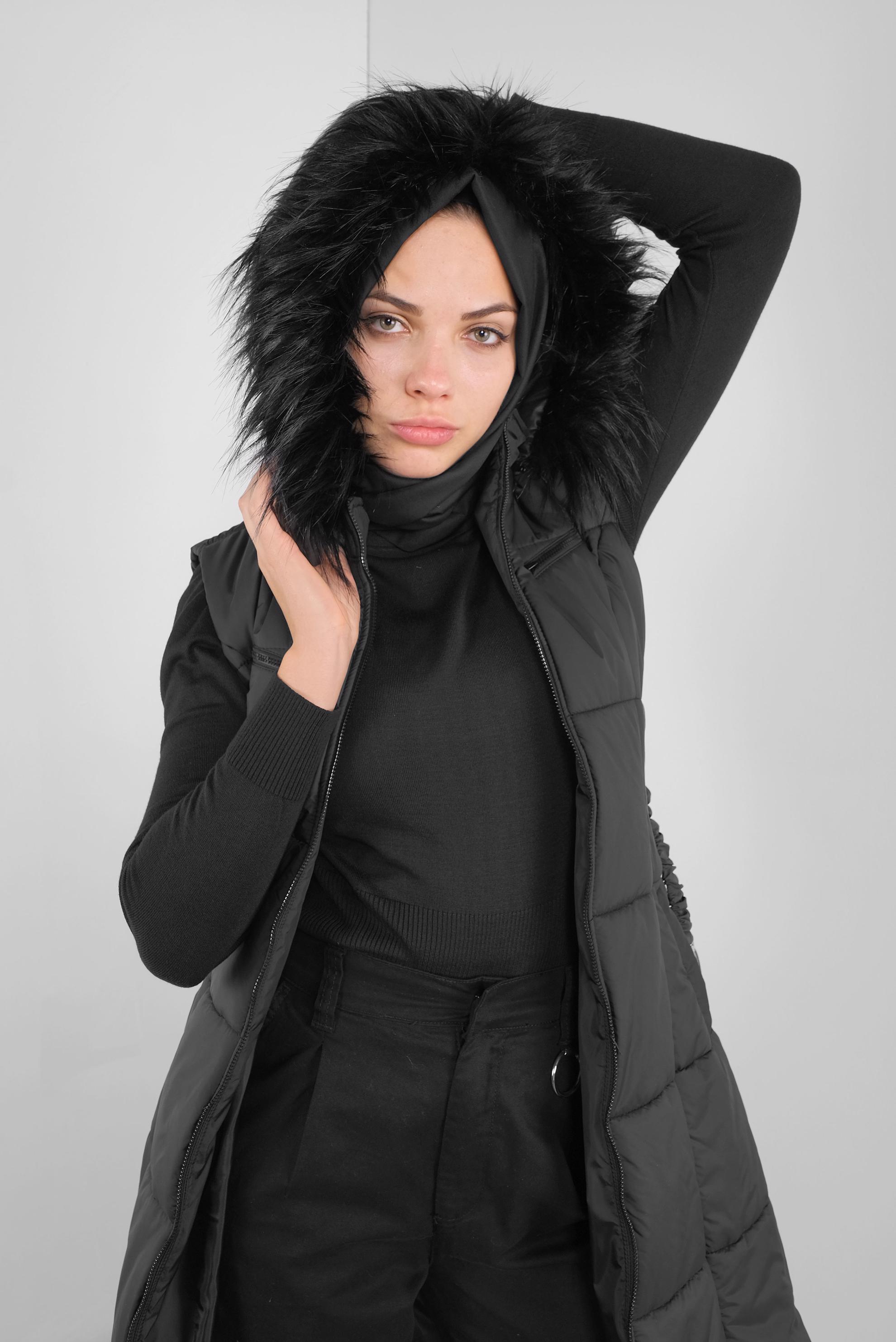 Tesettür giyim SİYAH KÜRKLÜ KEMERLİ ŞİŞME YELEK 90148 