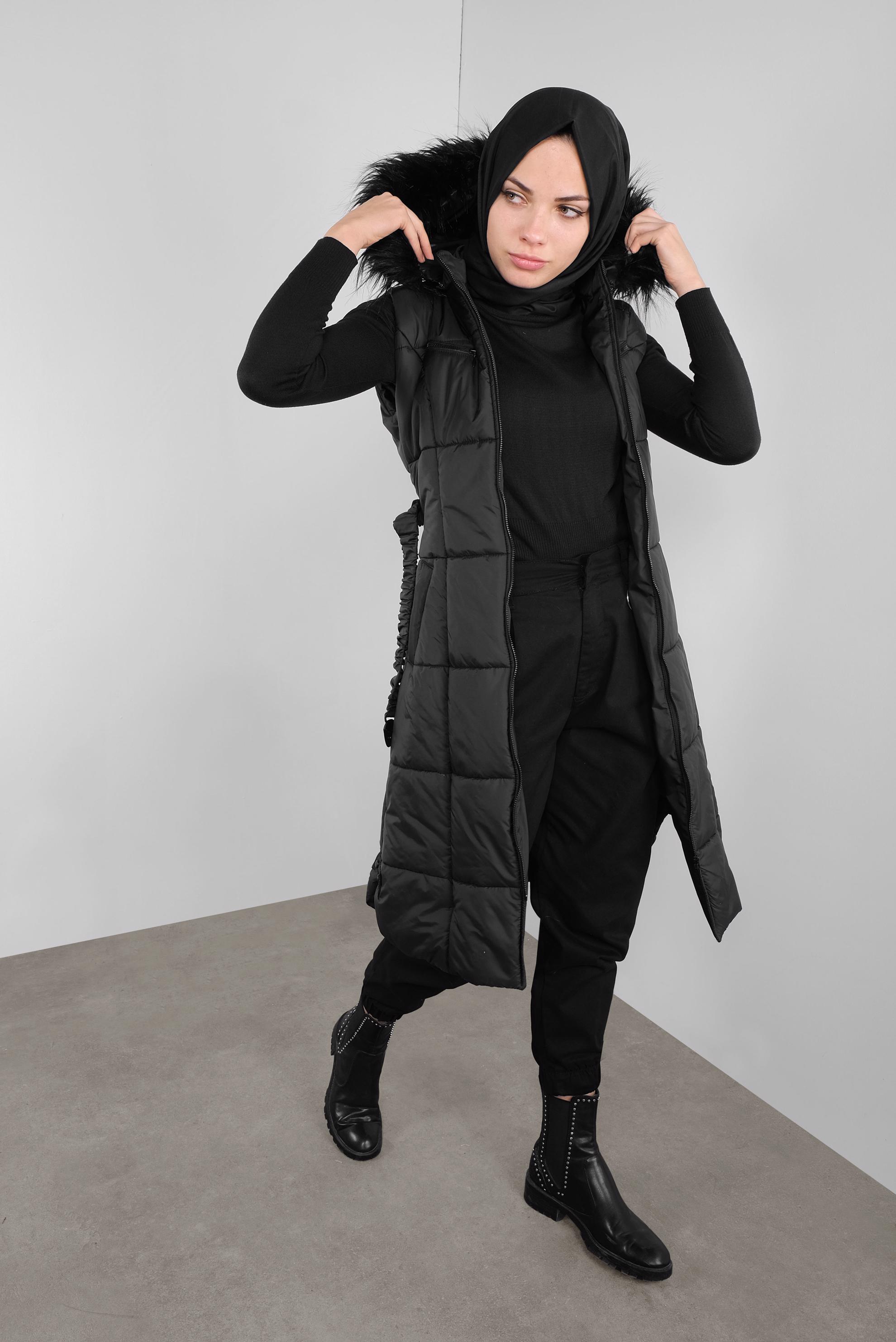 Tesettür giyim SİYAH KÜRKLÜ KEMERLİ ŞİŞME YELEK 90148 