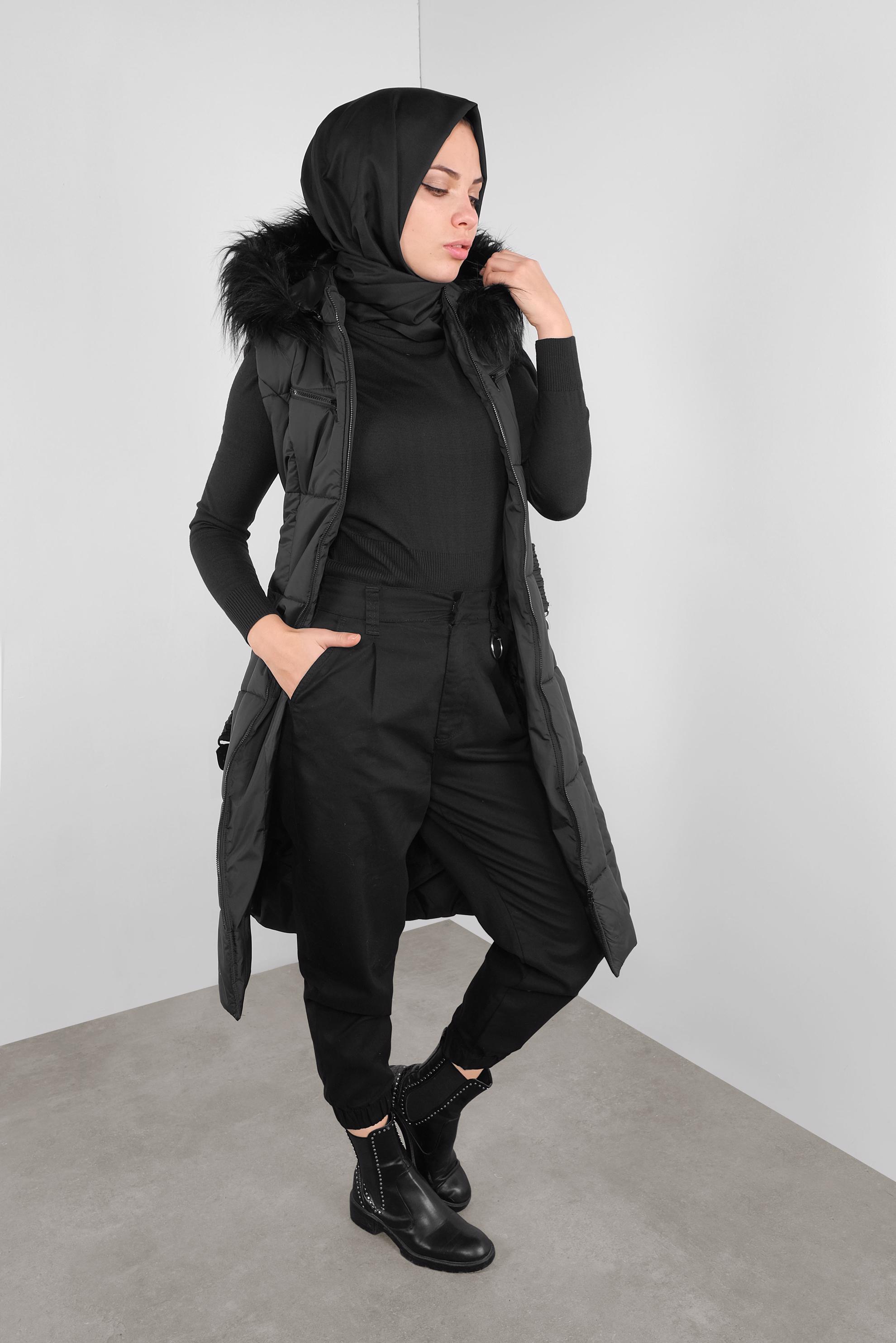 Tesettür giyim SİYAH KÜRKLÜ KEMERLİ ŞİŞME YELEK 90148 