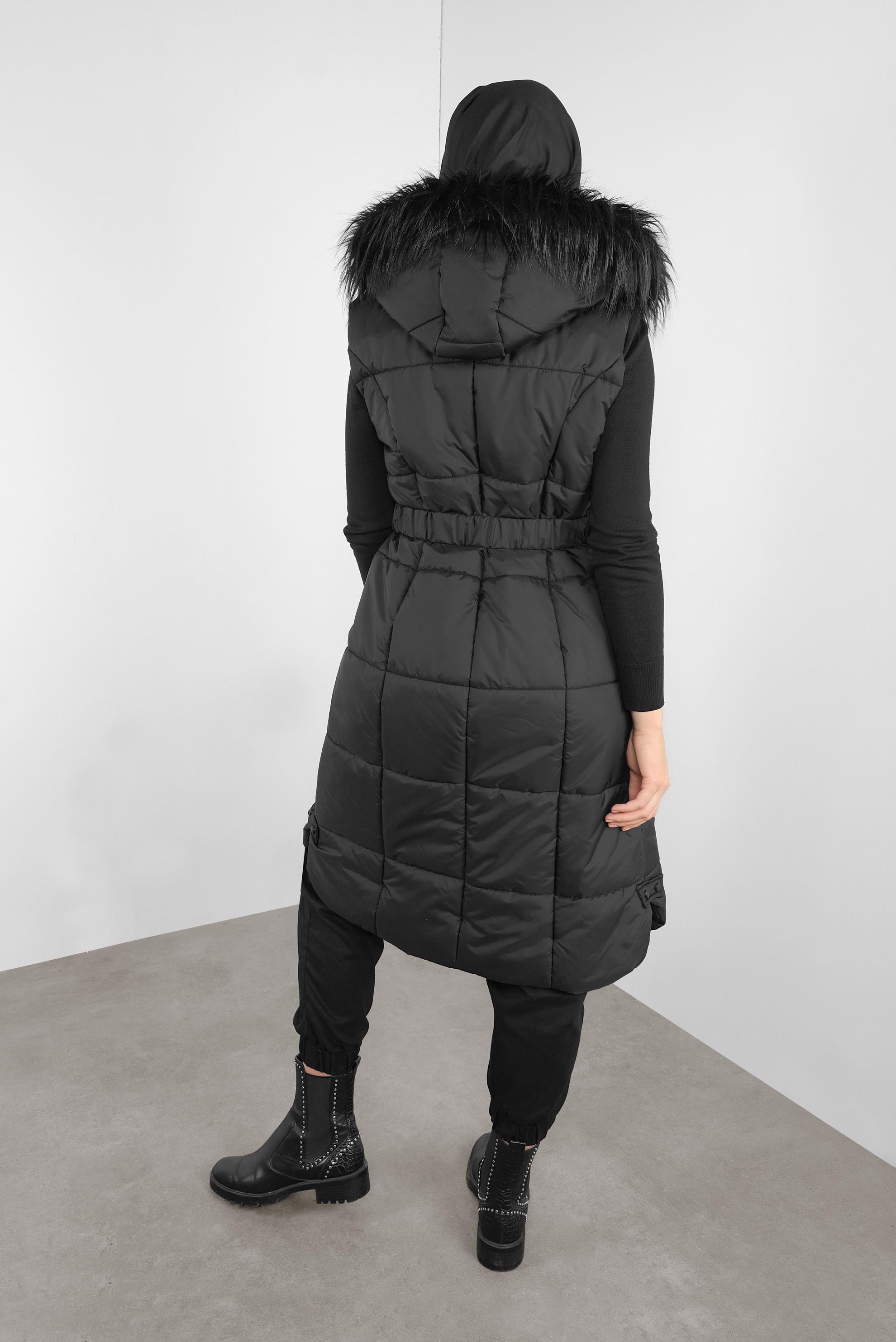 Tesettür giyim SİYAH KÜRKLÜ KEMERLİ ŞİŞME YELEK 90148 