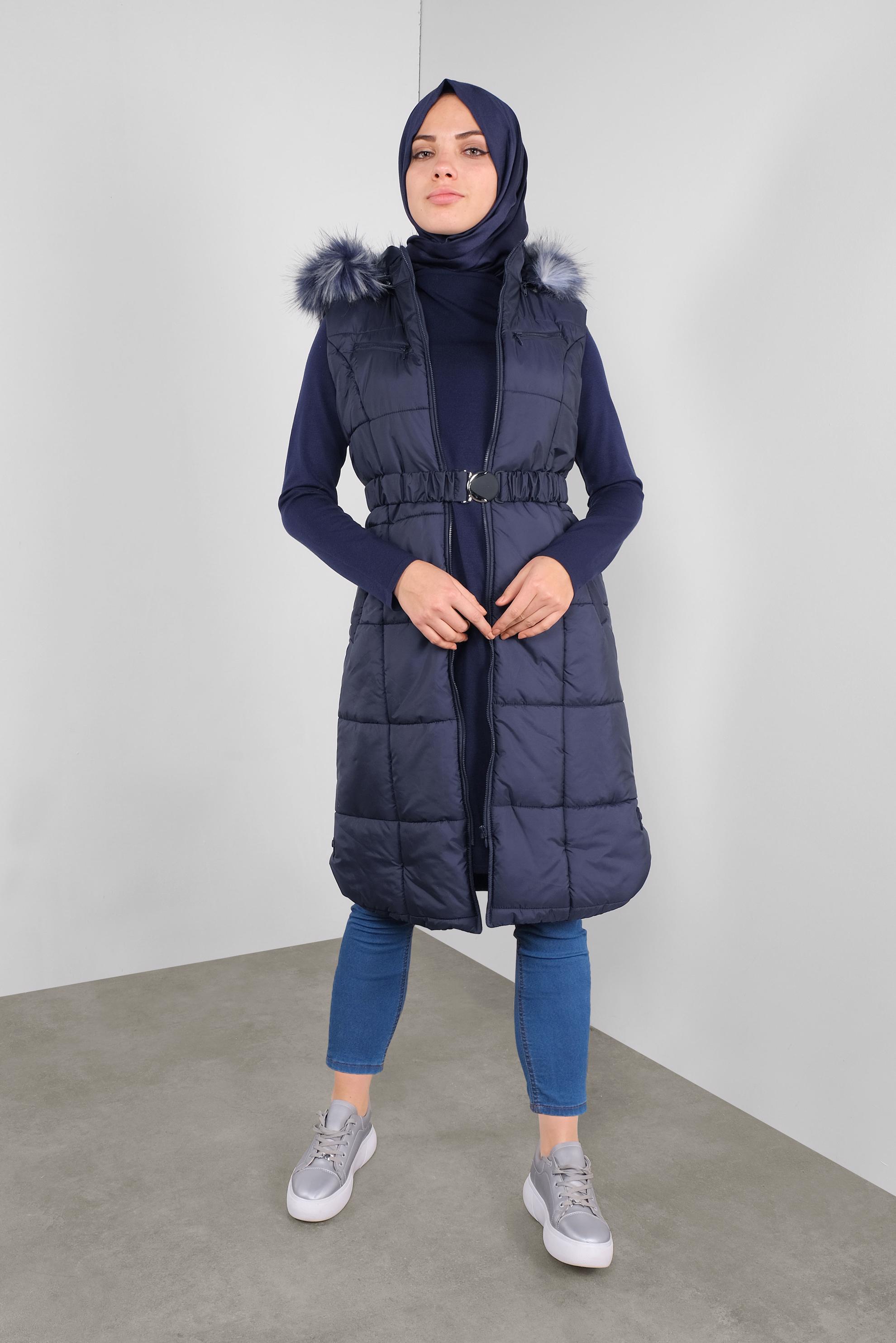 Tesettür giyim LACİVERT KÜRKLÜ KEMERLİ ŞİŞME YELEK 90148 