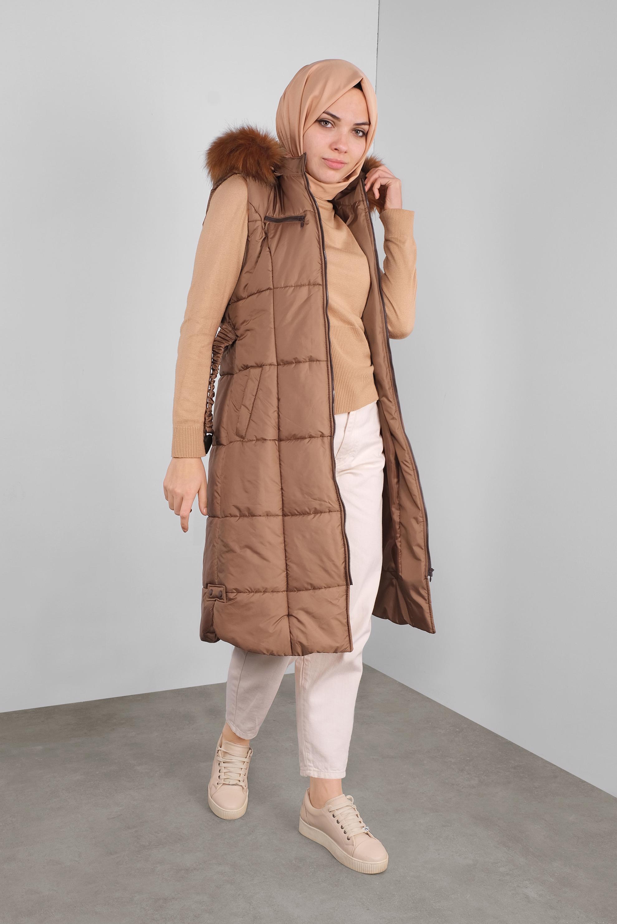 Tesettür giyim TABA KÜRKLÜ KEMERLİ ŞİŞME YELEK 90148 