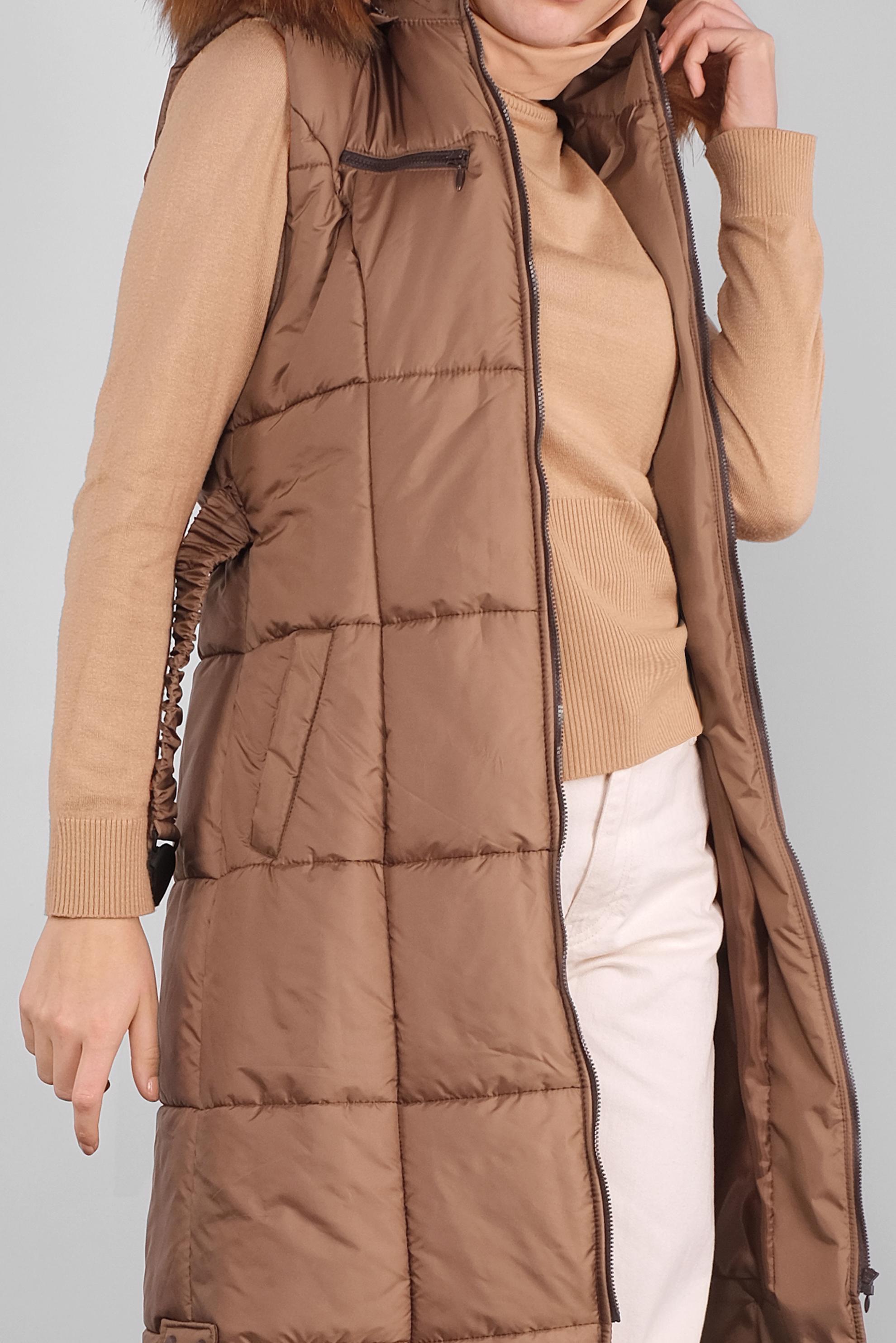 Tesettür giyim TABA KÜRKLÜ KEMERLİ ŞİŞME YELEK 90148 