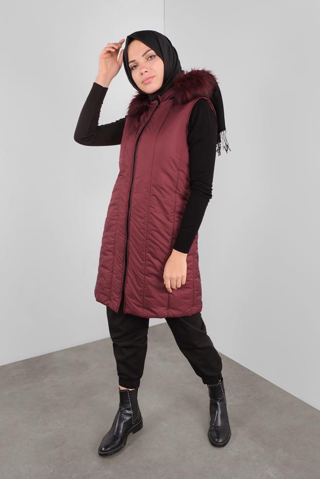 Hijab-Kleidung BEIGE KAPÜŞONU KÜRKLÜ ŞİŞME YELEK 90159  - ALVİNA