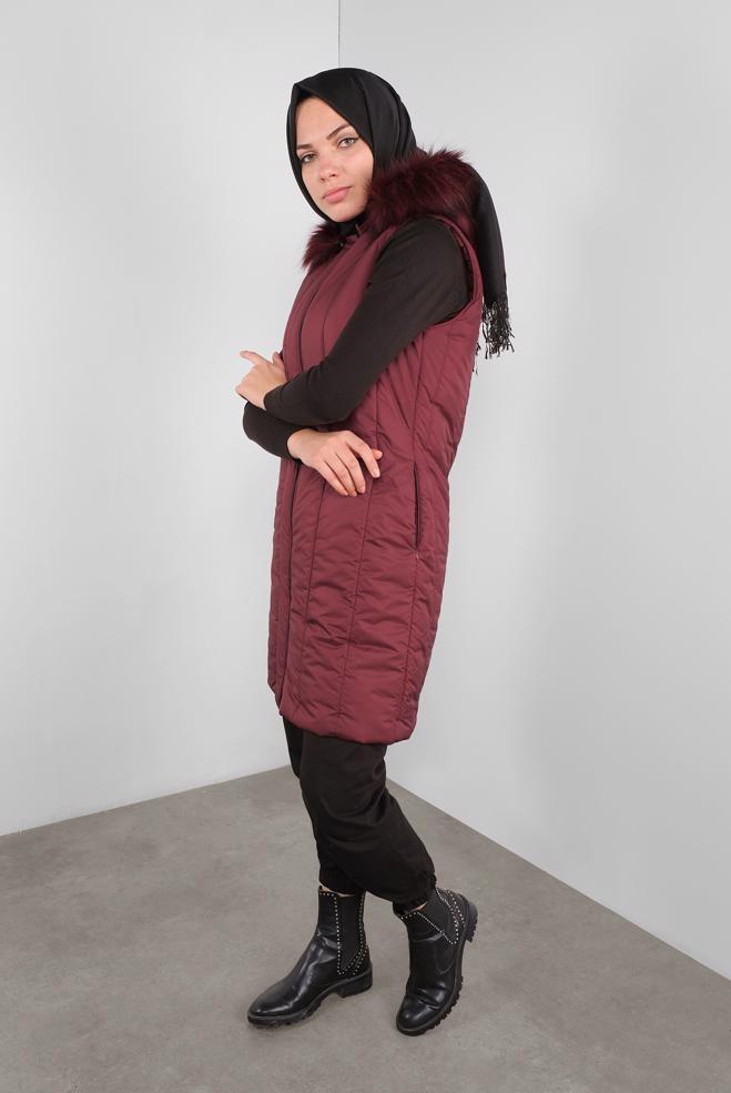 Hijab-Kleidung BEIGE KAPÜŞONU KÜRKLÜ ŞİŞME YELEK 90159  - ALVİNA
