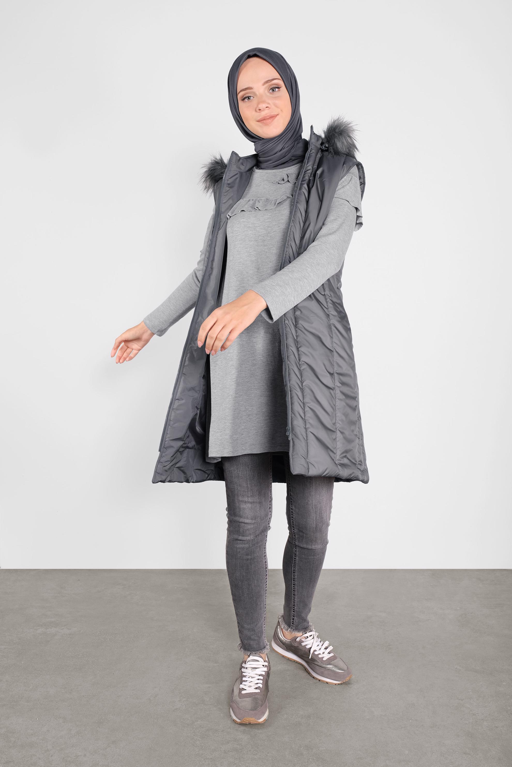 Vêtements hijab GRIS DOUDOUNE À CAPUCHE EFFET FOURRURE 90159