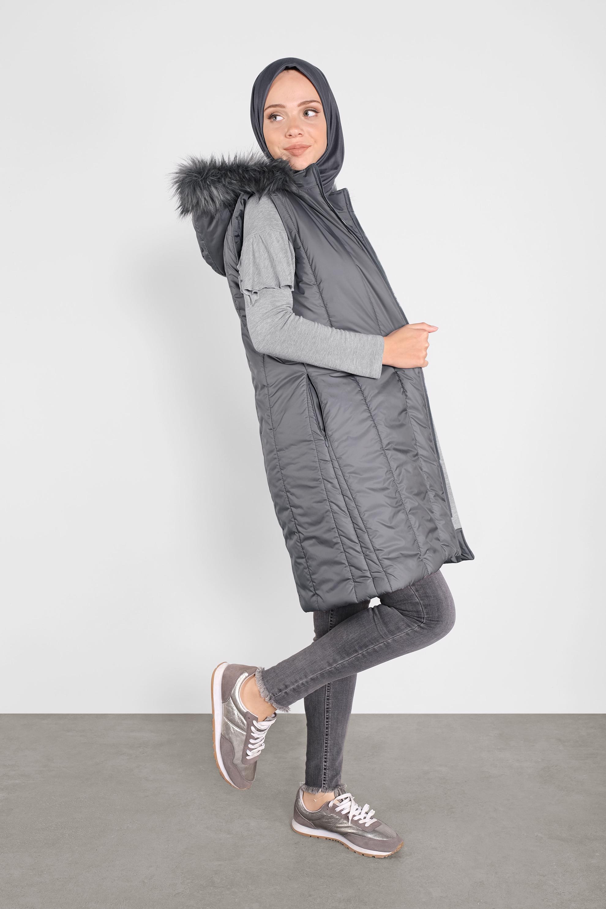 Vêtements hijab GRIS DOUDOUNE À CAPUCHE EFFET FOURRURE 90159