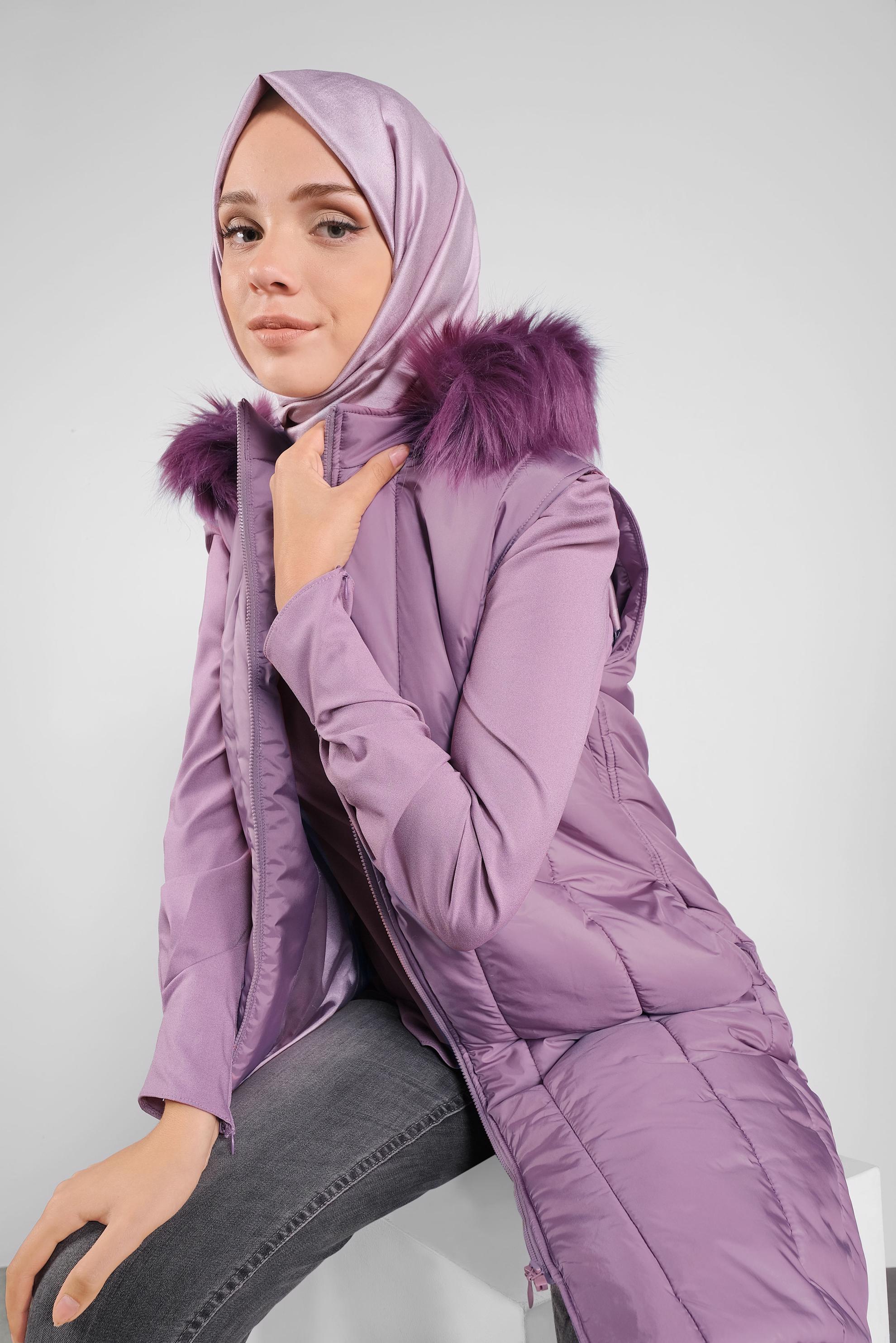 Tesettür giyim PEMBE KAPÜŞONU KÜRKLÜ ŞİŞME YELEK 90159 