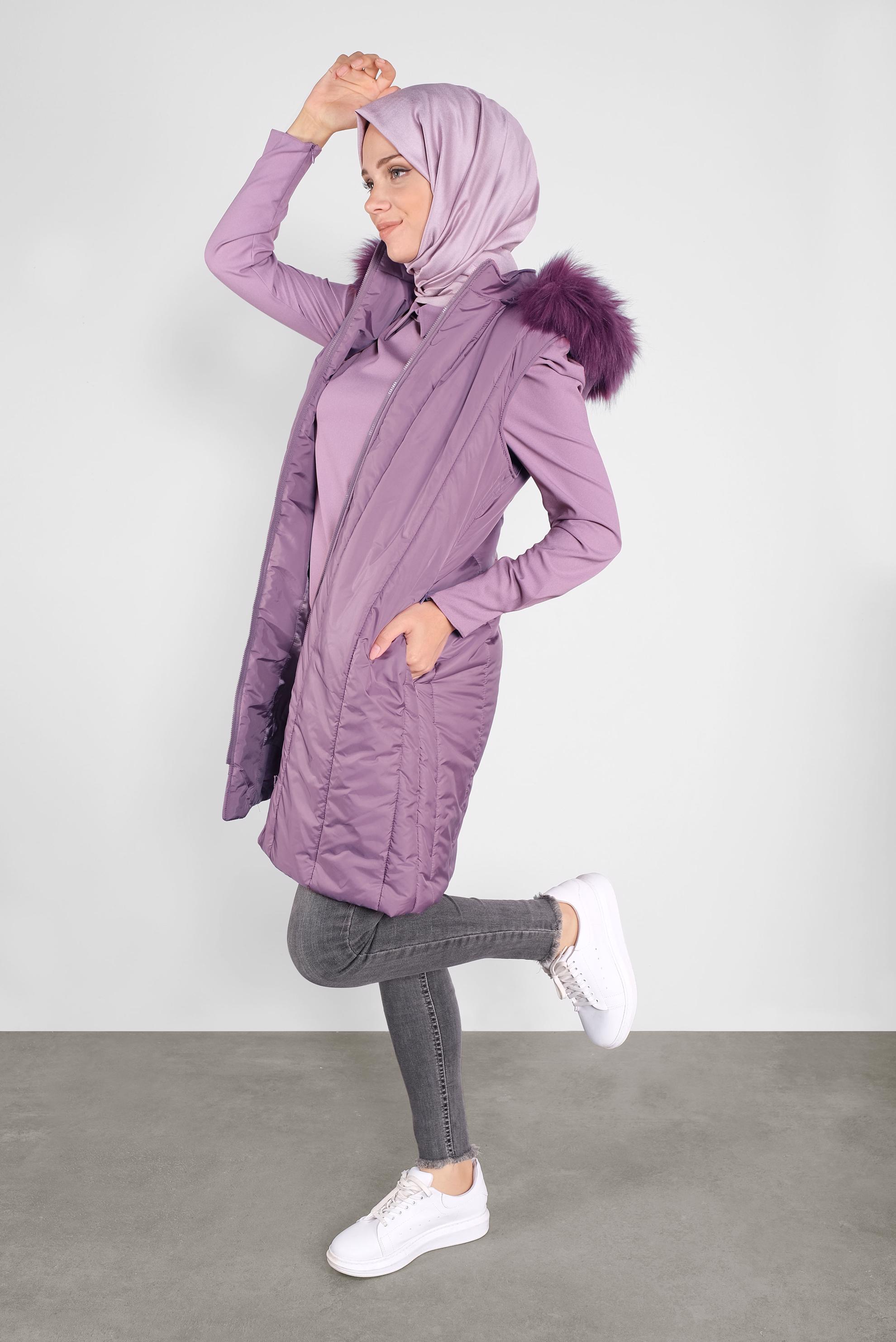 Tesettür giyim PEMBE KAPÜŞONU KÜRKLÜ ŞİŞME YELEK 90159 