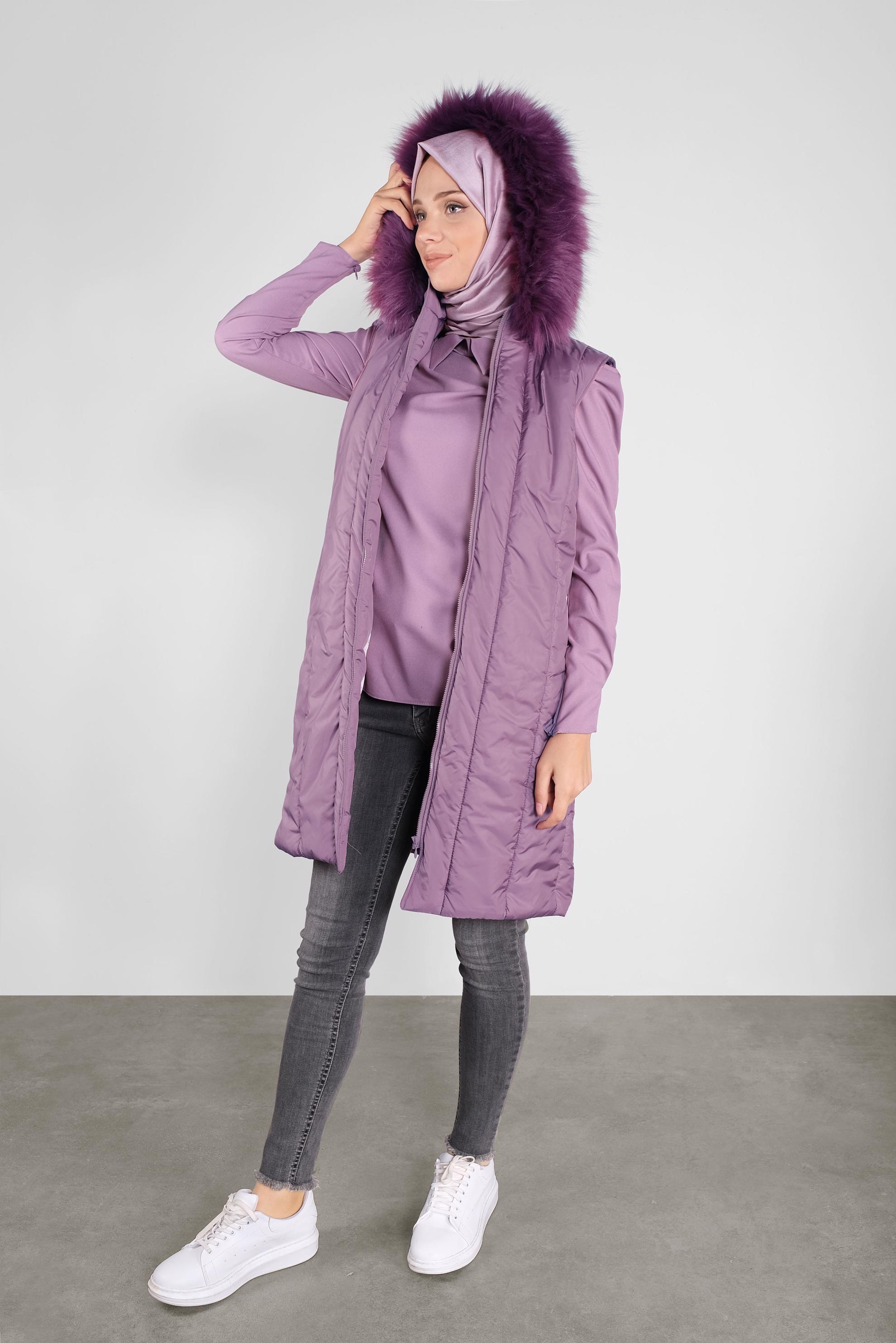 Tesettür giyim PEMBE KAPÜŞONU KÜRKLÜ ŞİŞME YELEK 90159 