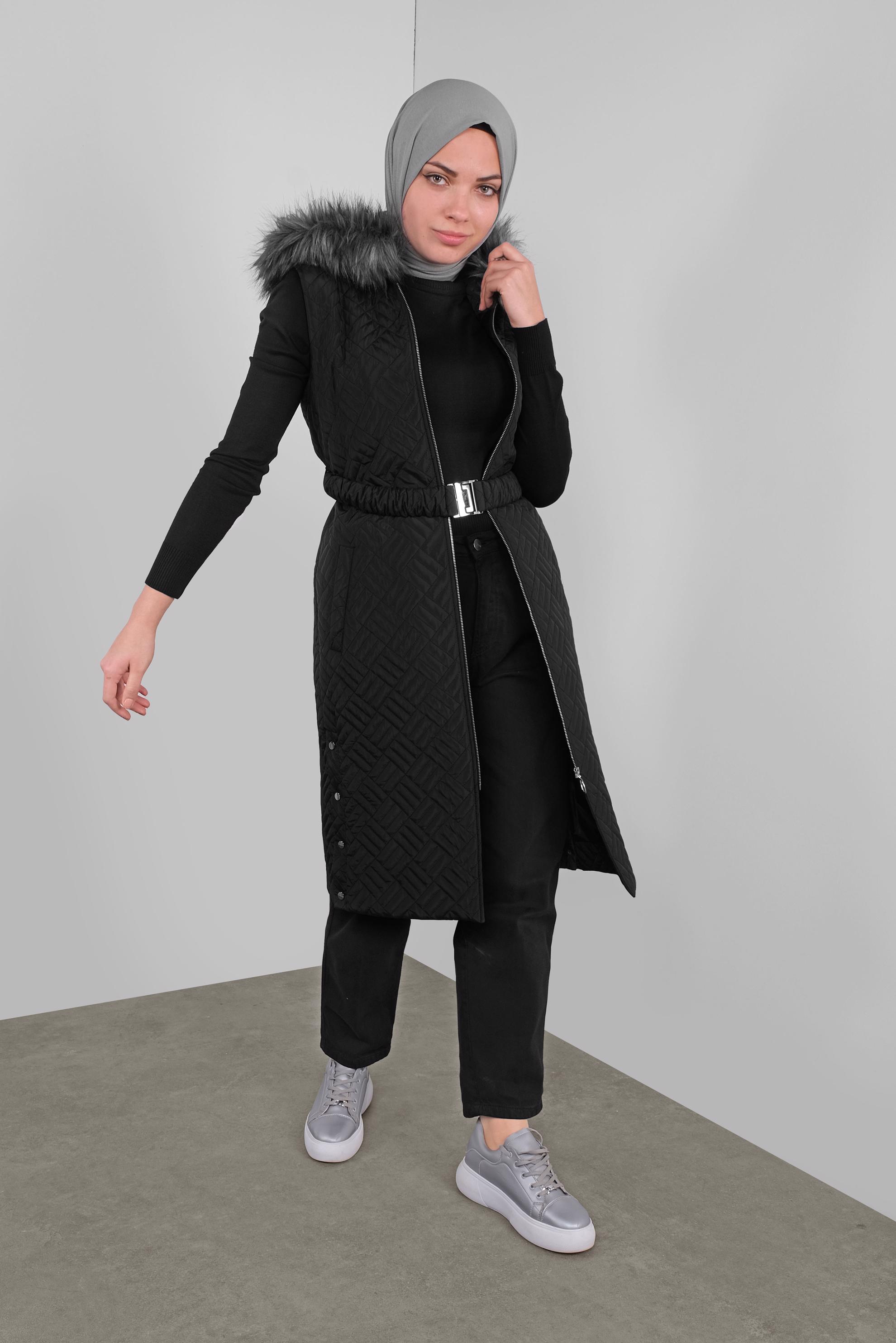 Tesettür giyim SİYAH KAPÜŞONU KÜRKLÜ KAPİTONE YELEK  90171 