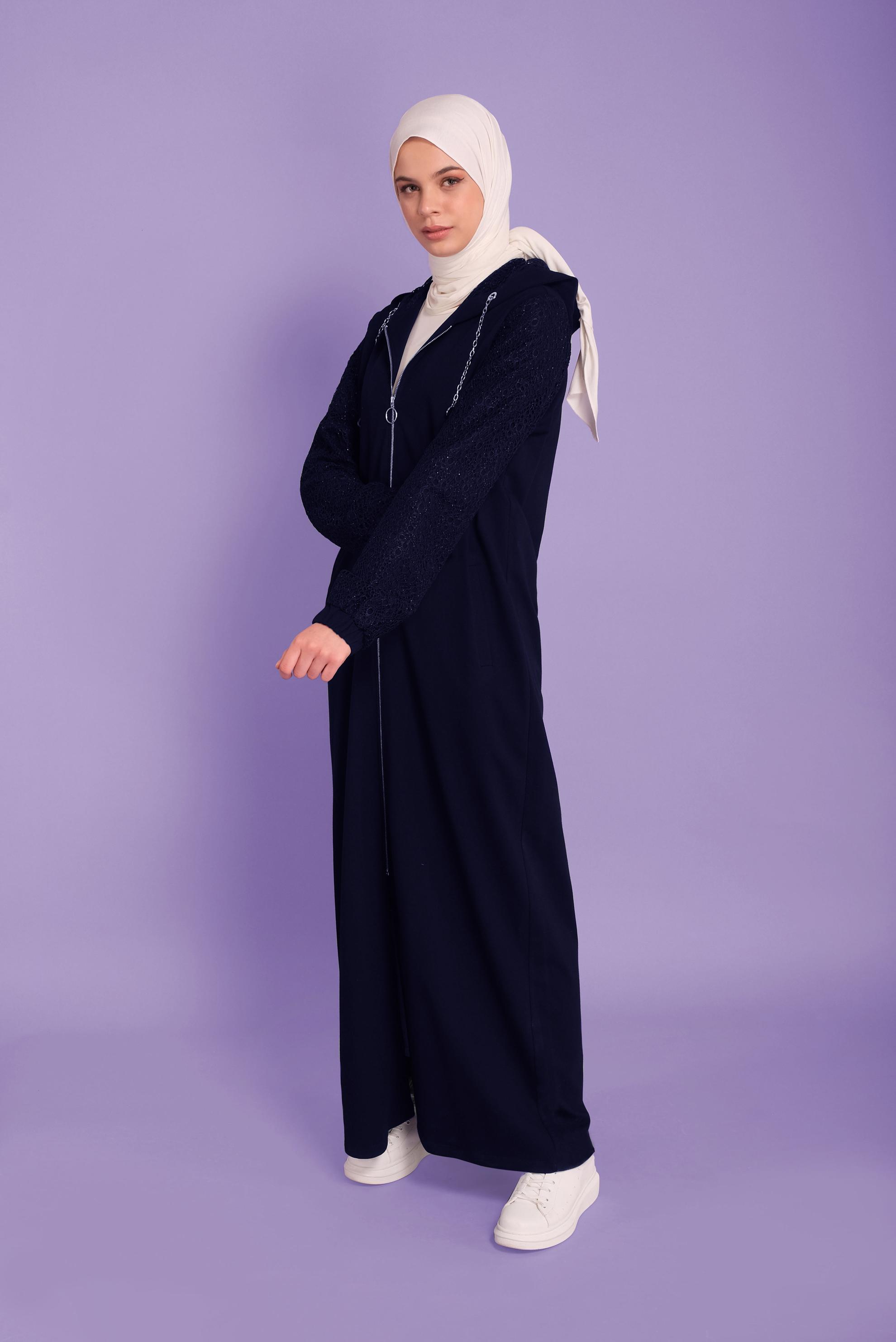 Tesettür giyim LACİVERT SİMLİ GÜPÜR DETAYLI EŞOFMAN TUNİK 41437	