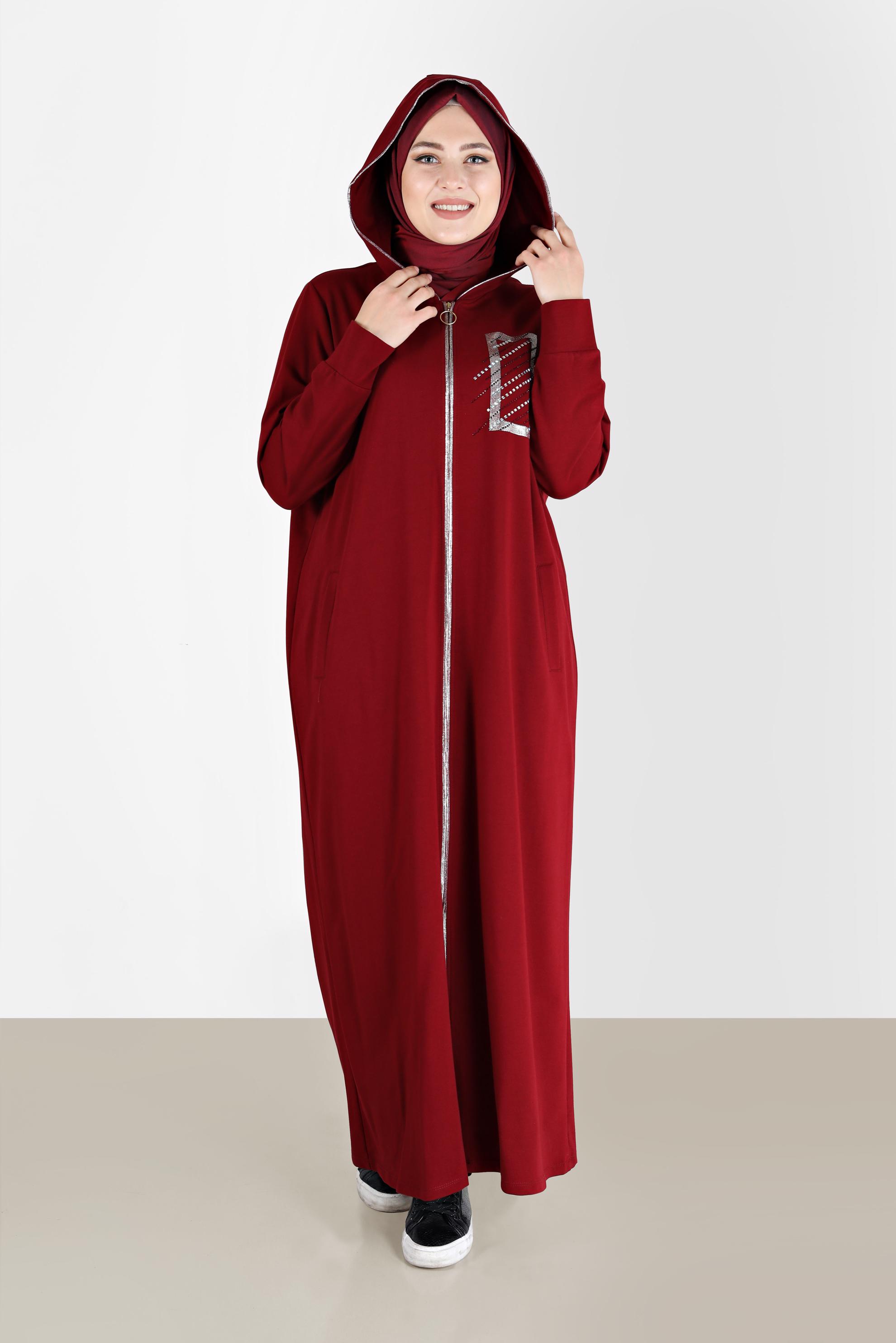 Tesettür giyim BORDO TAŞ DETAYLI FERMUARLI EŞOFMAN TUNİK 41651 