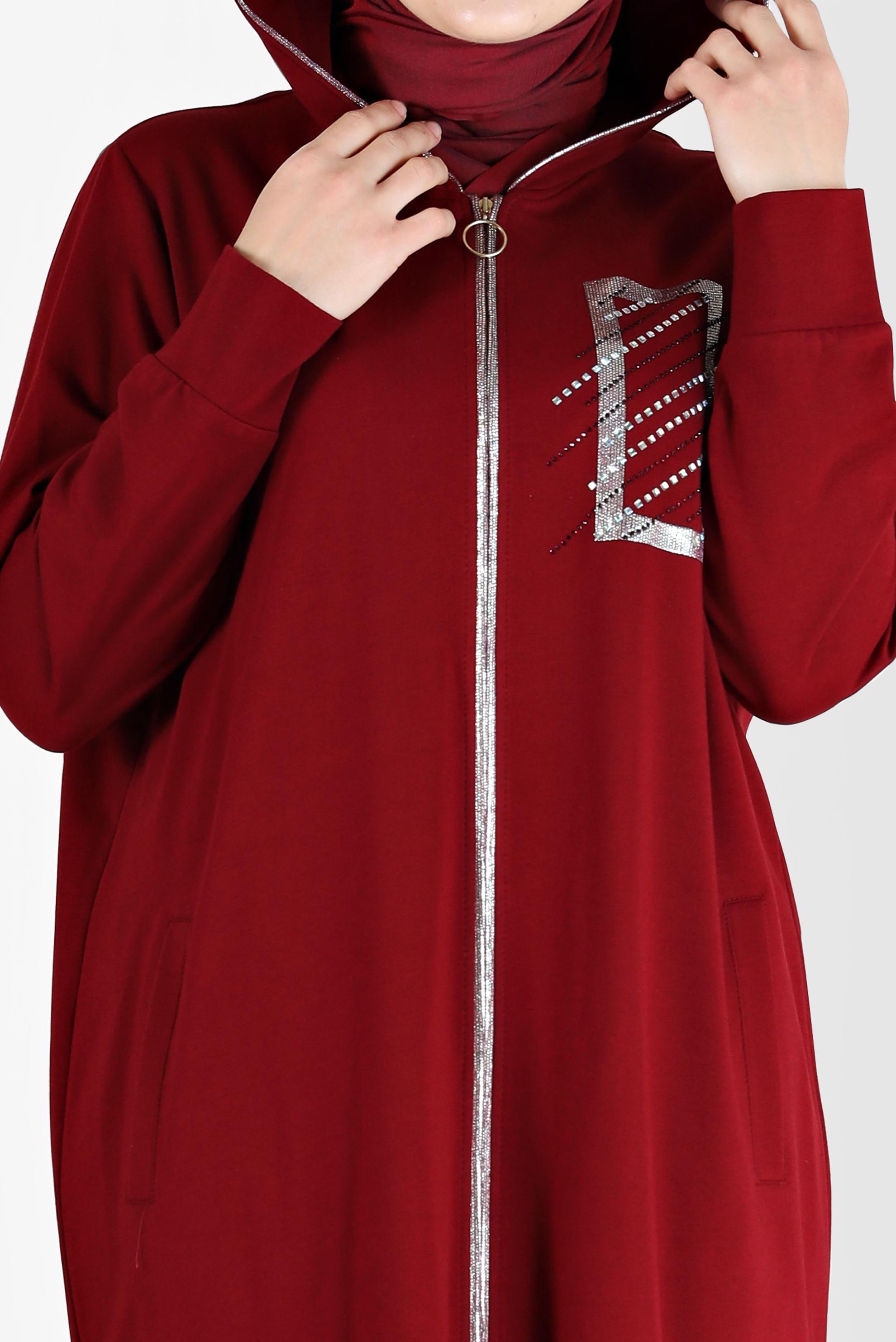 Tesettür giyim BORDO TAŞ DETAYLI FERMUARLI EŞOFMAN TUNİK 41651 