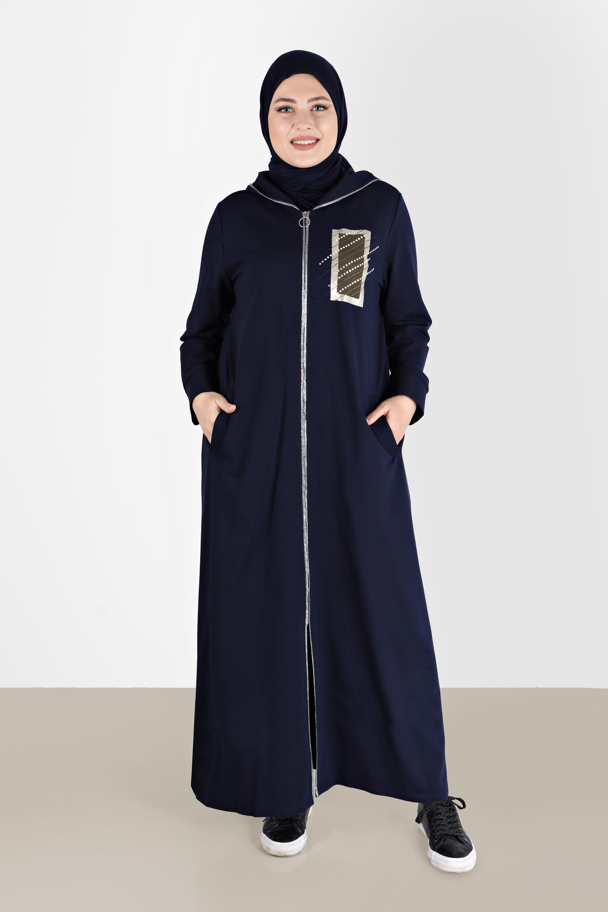 Tesettür giyim LACİVERT TAŞ DETAYLI FERMUARLI EŞOFMAN TUNİK 41651 