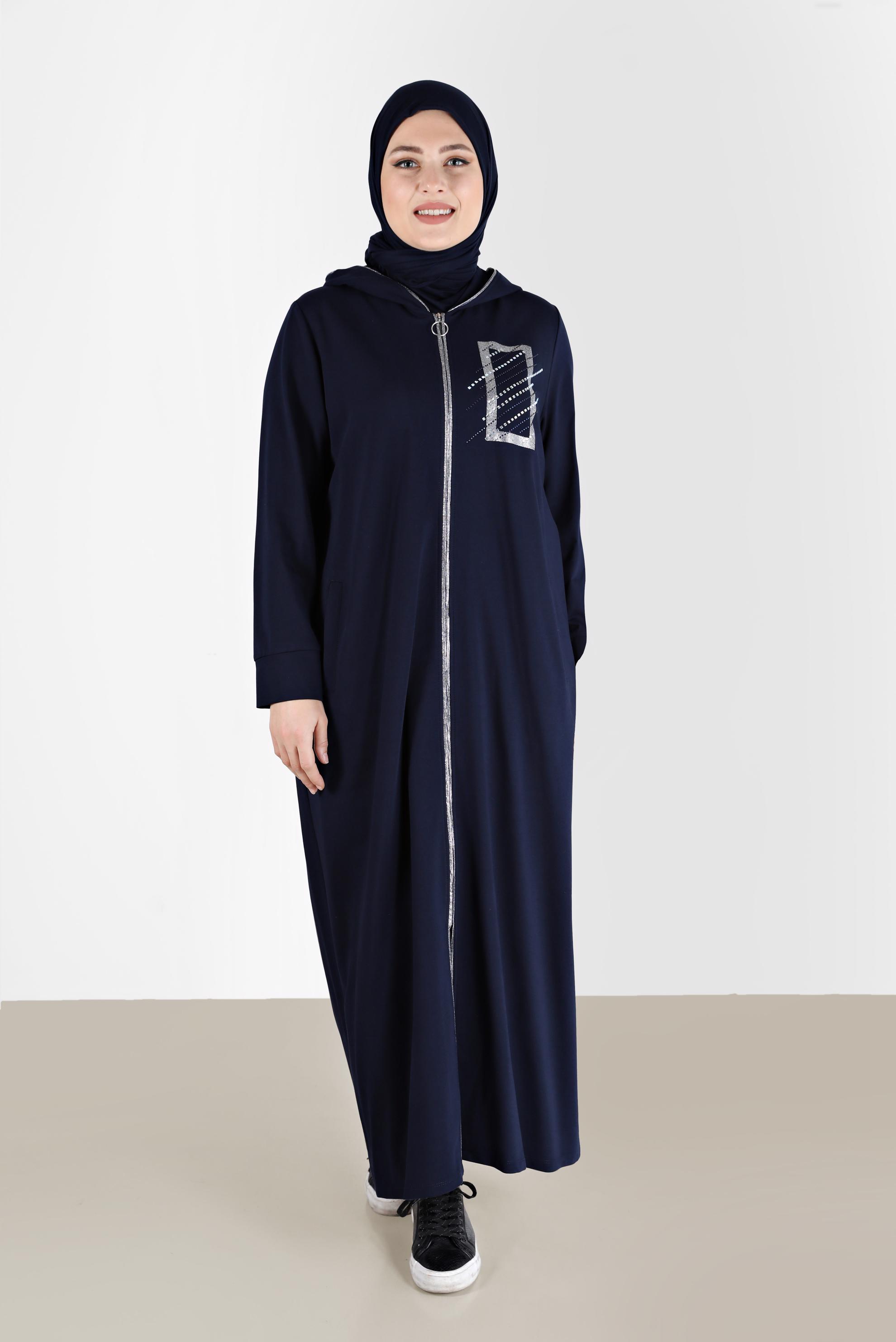 Tesettür giyim LACİVERT TAŞ DETAYLI FERMUARLI EŞOFMAN TUNİK 41651 