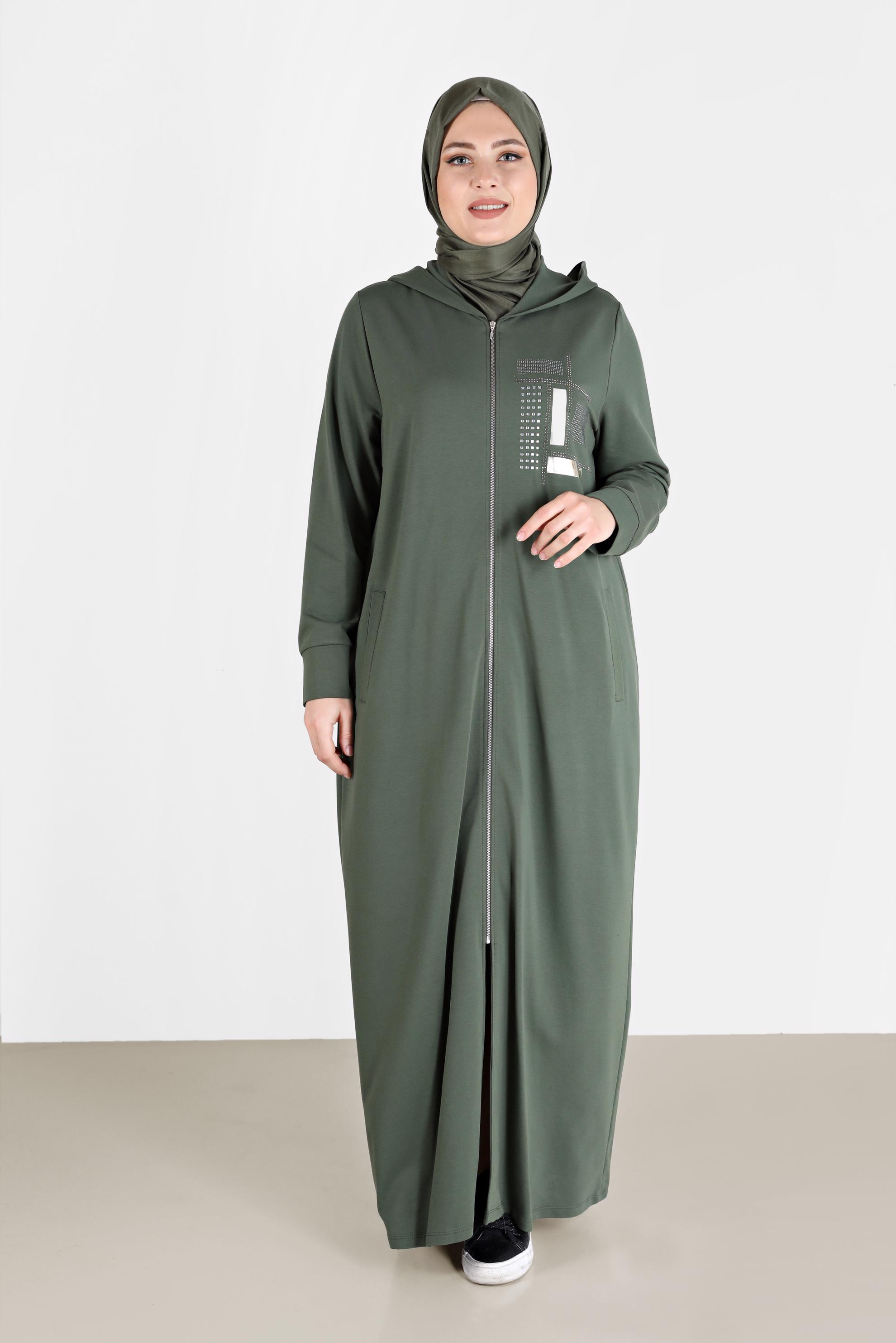 Tesettür giyim HAKİ TAŞ BASKILI FERMUARLI EŞOFMAN TUNİK 41673 