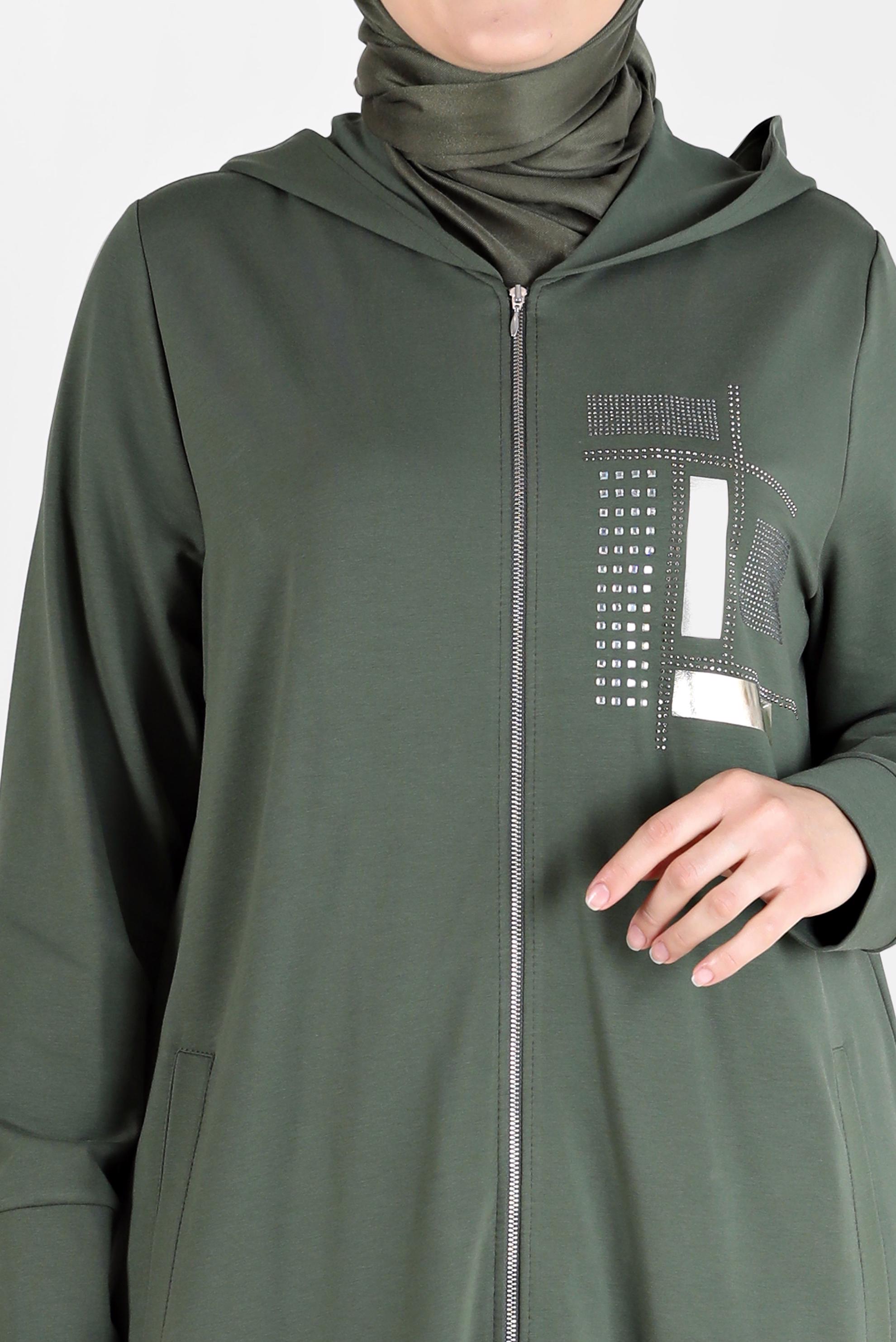 Tesettür giyim HAKİ TAŞ BASKILI FERMUARLI EŞOFMAN TUNİK 41673 