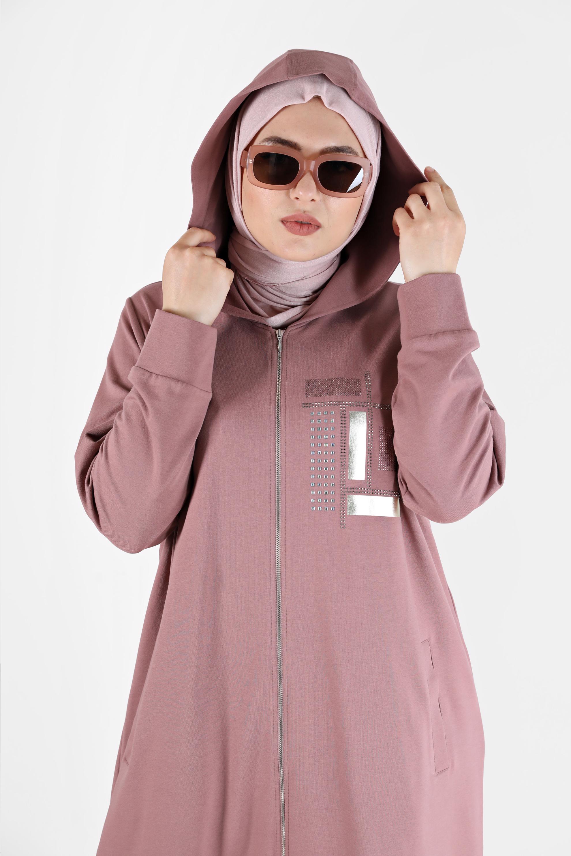 Tesettür giyim PEMBE TAŞ BASKILI FERMUARLI EŞOFMAN TUNİK 41673 