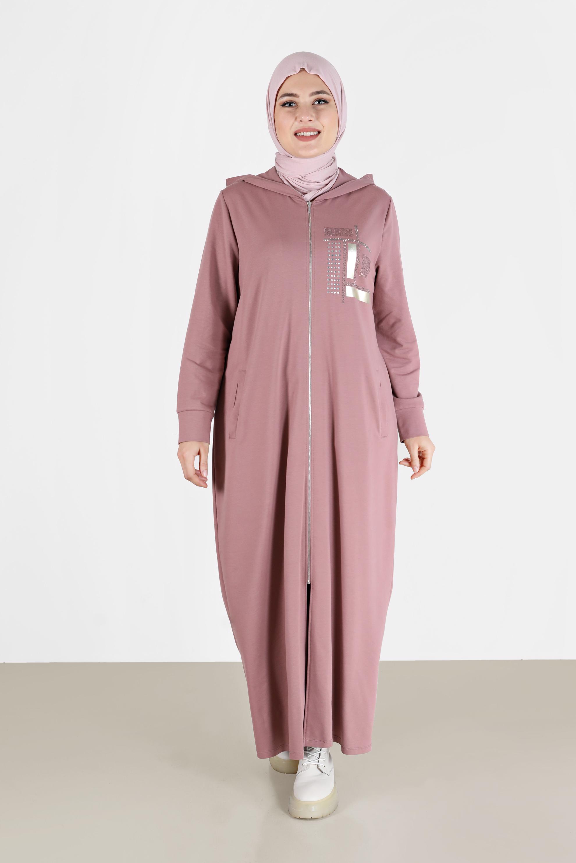 Tesettür giyim PEMBE TAŞ BASKILI FERMUARLI EŞOFMAN TUNİK 41673 