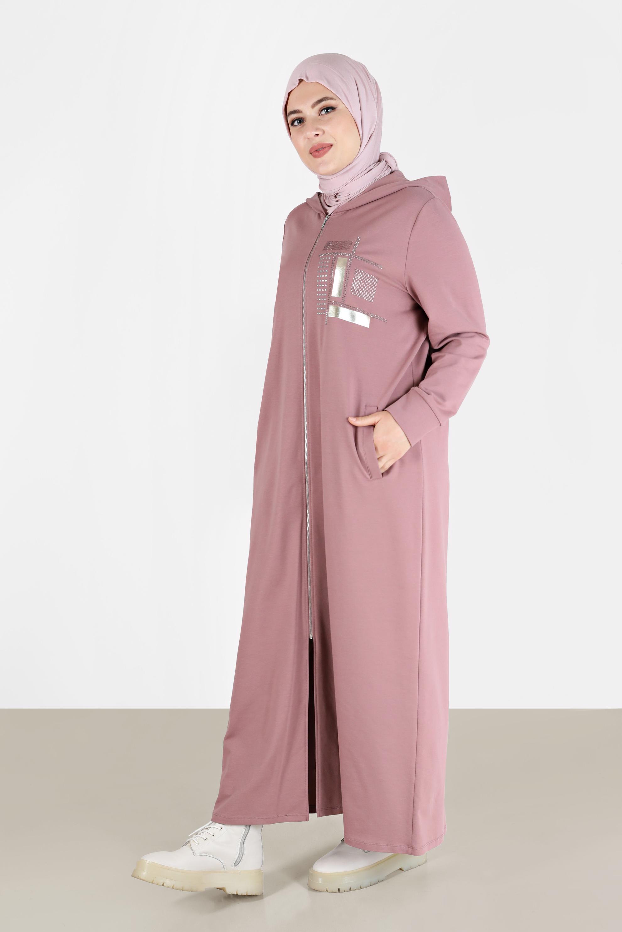 Tesettür giyim PEMBE TAŞ BASKILI FERMUARLI EŞOFMAN TUNİK 41673 